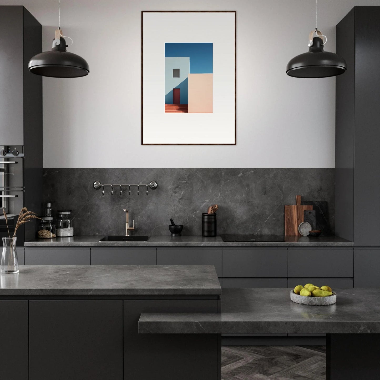 Modern dark gray kitchen featuring premium framed wall art from Tangents of Porcelain