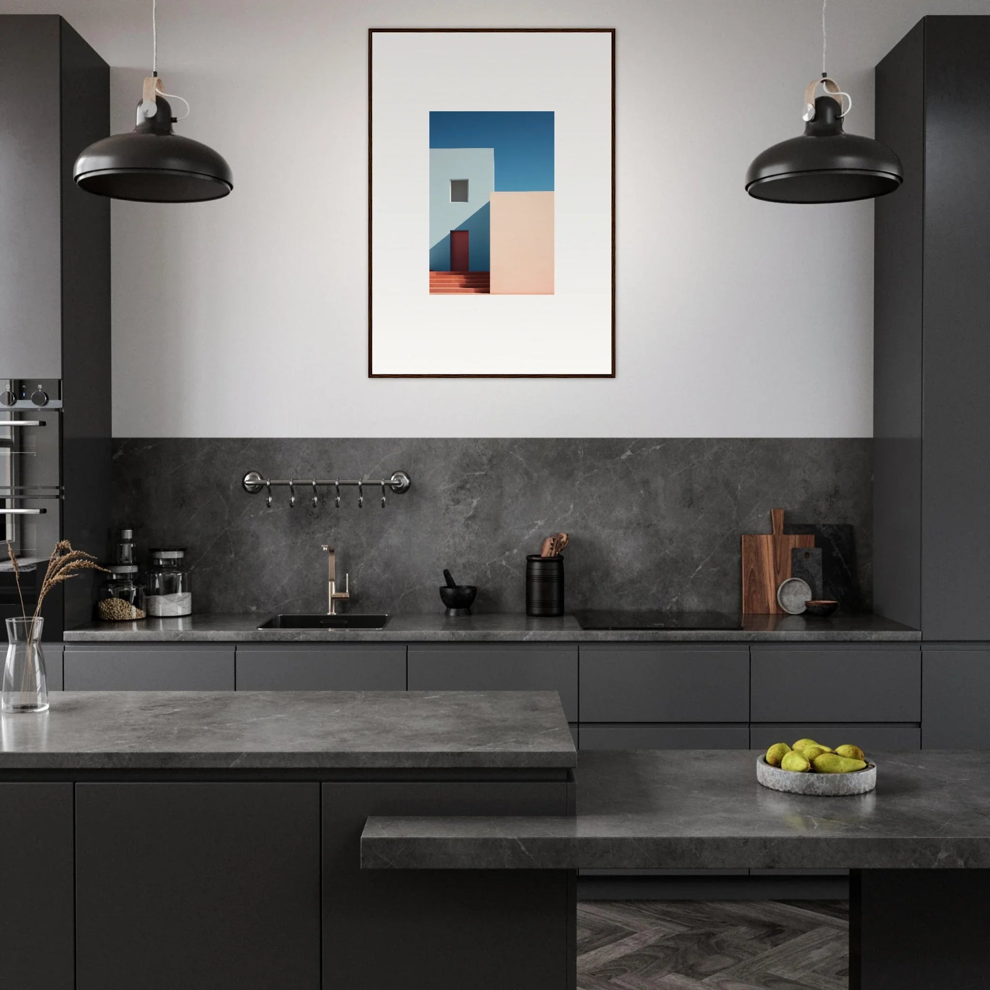 Modern dark gray kitchen featuring premium framed wall art from Tangents of Porcelain