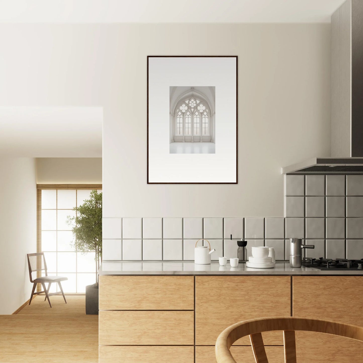 Modern kitchen with light wood cabinets and white tile backsplash, Ethereal Light Elegy