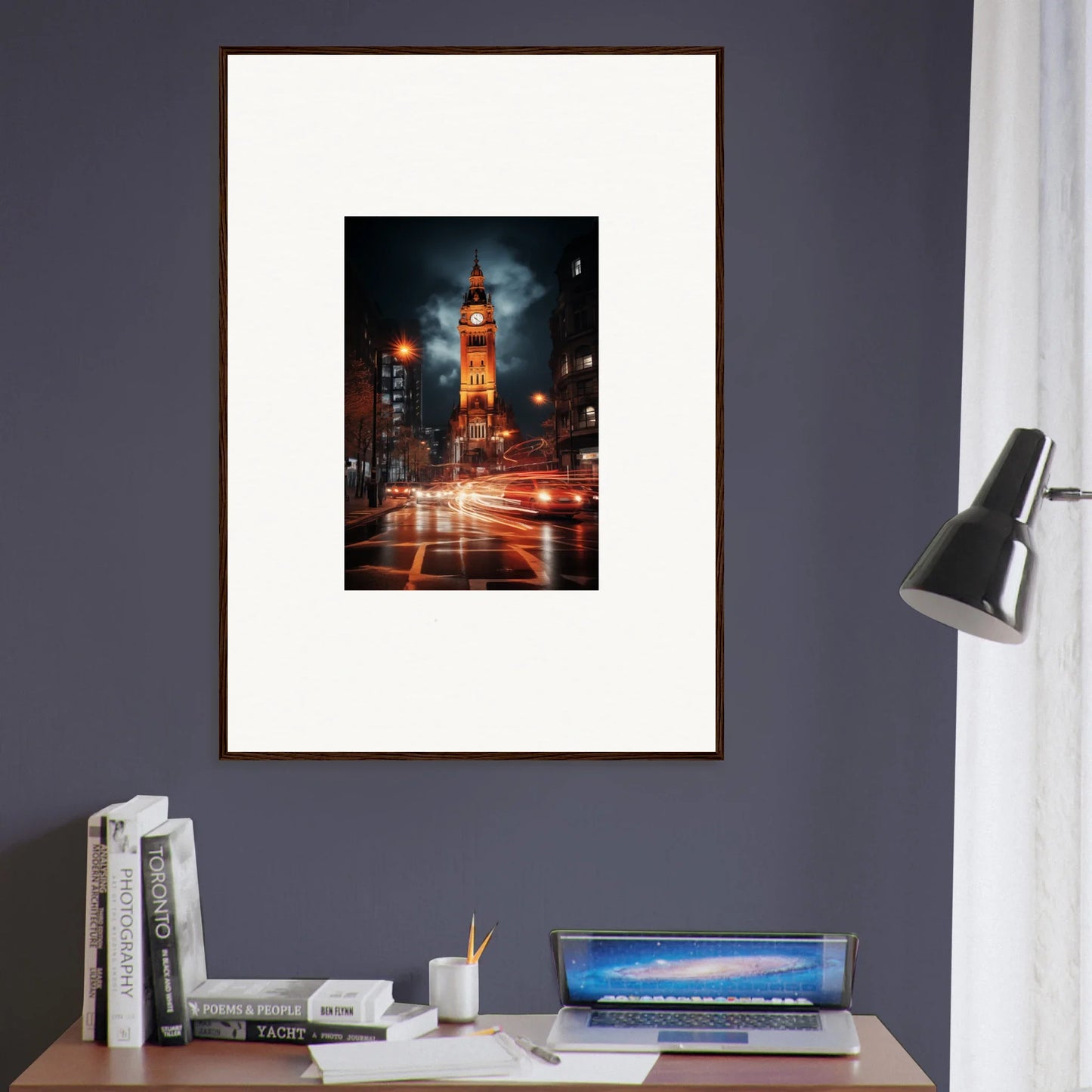 Framed photo of a lit clock tower at night with red traffic lights, Venomous Clocklight Nrtabbat