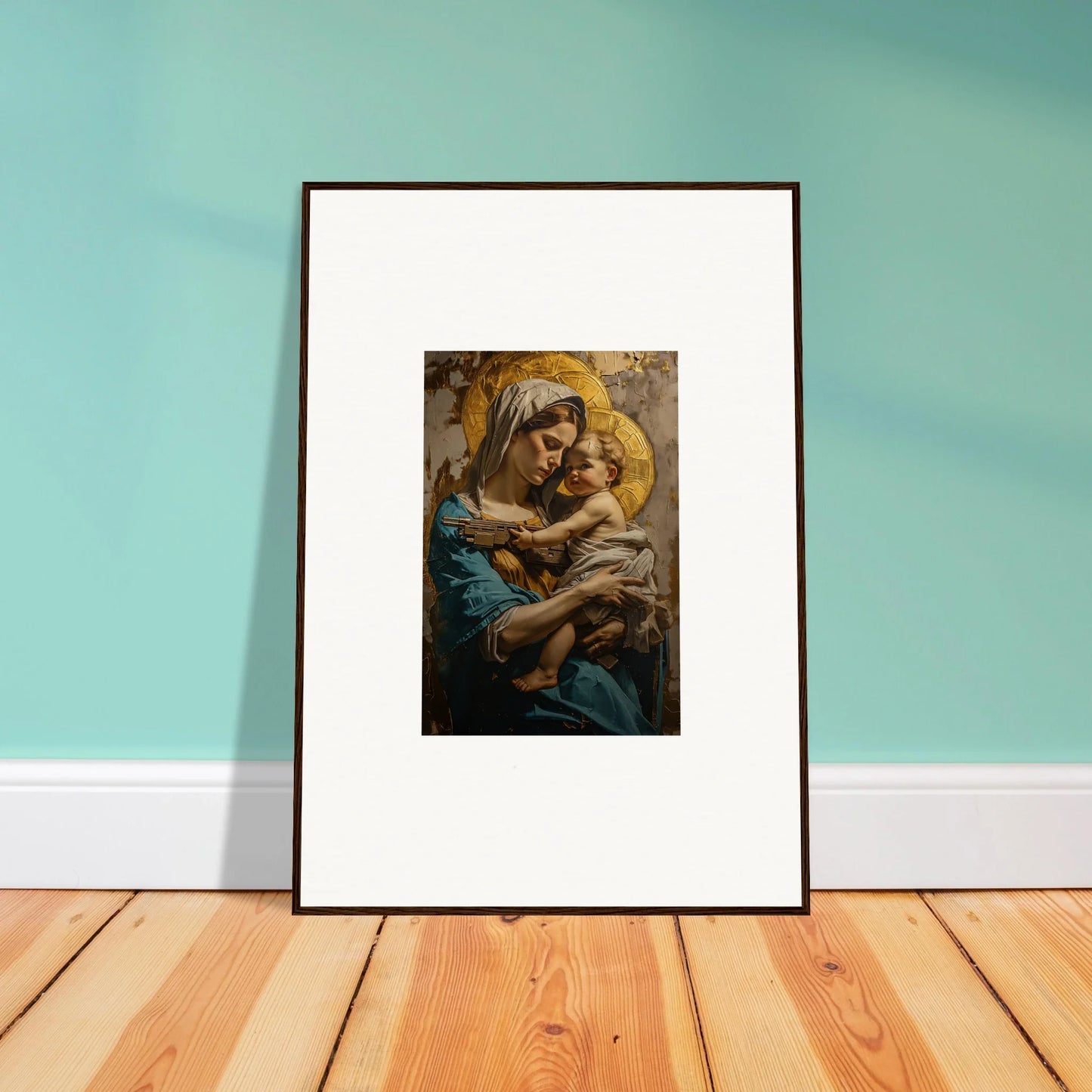 Framed wall art of a mother and child hug, perfect for room decoration or canvas print