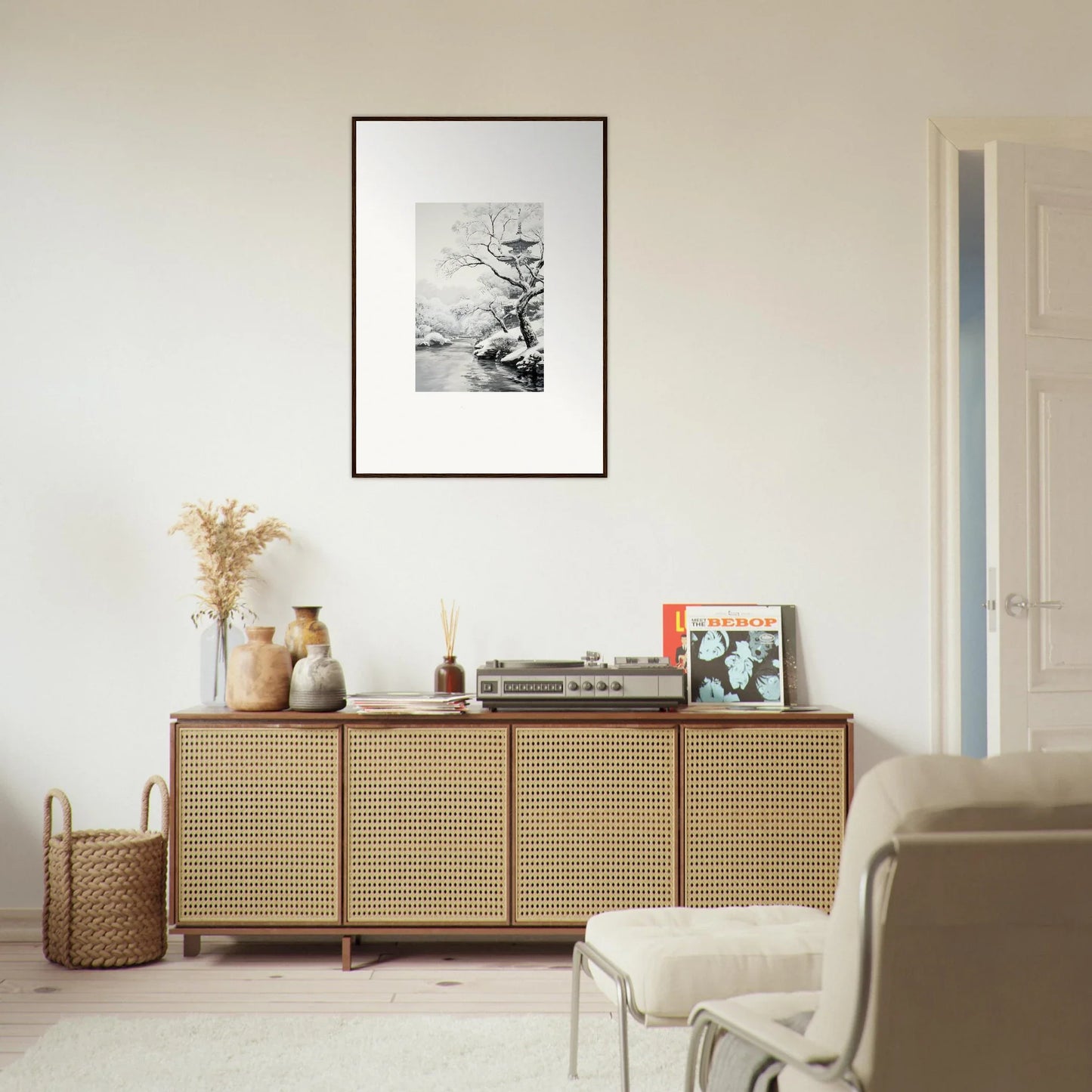 Rattan-fronted wooden credenza showcasing Metaphysical Winter Reverie style