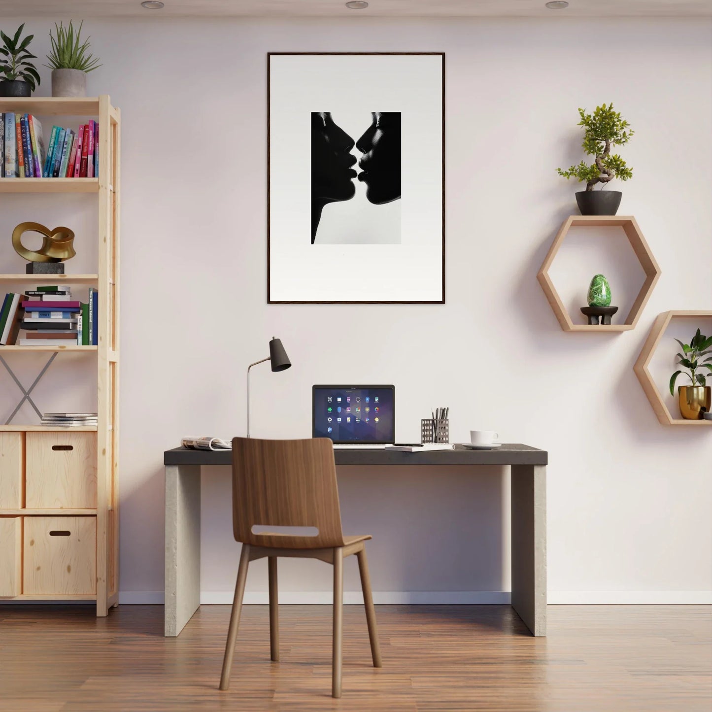 Modern home office with a dark desk and wooden chair featuring Luminous Midnight Kiss
