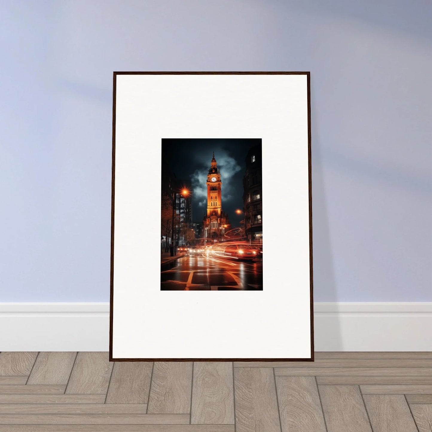 Framed photo of a city street at night with Venomous Clocklight Nrtabbat’s lit clock tower