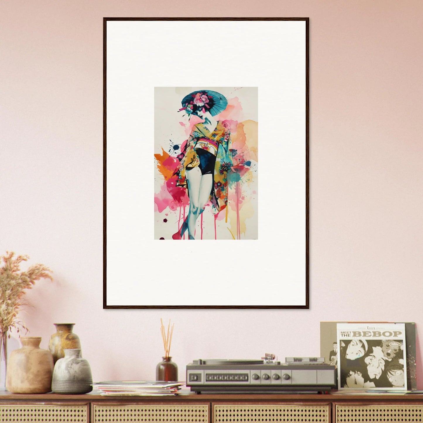 Framed watercolor wall art of a stylized female figure for room decoration