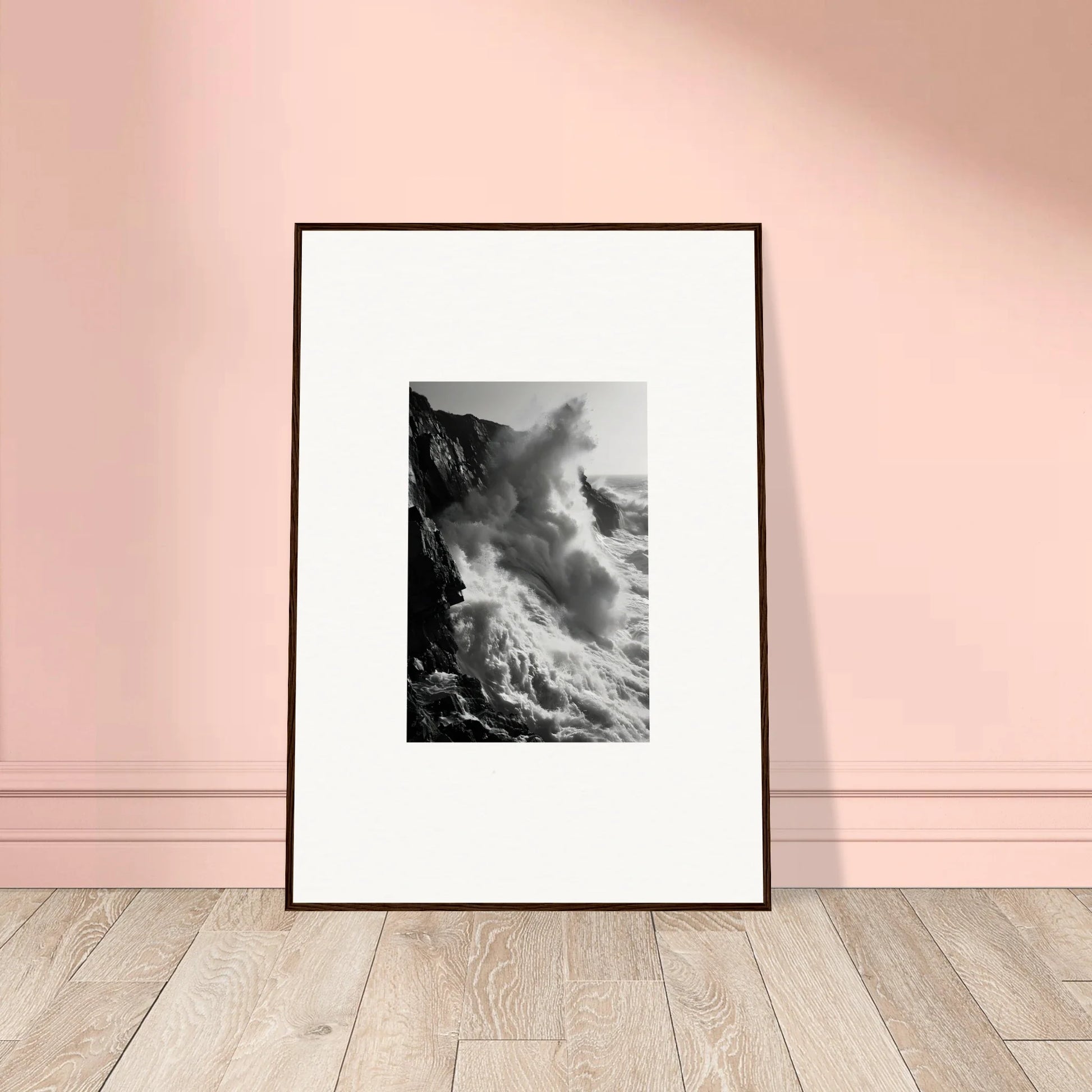 Framed black and white photo of crashing waves, part of Ephemeral Echoes Surge collection