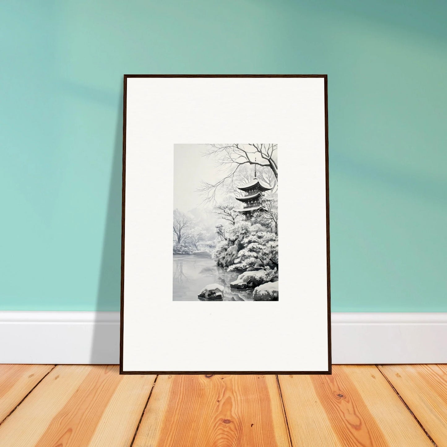 Framed wall art of a Japanese pagoda in winter for Crystallized Blossom Oasis