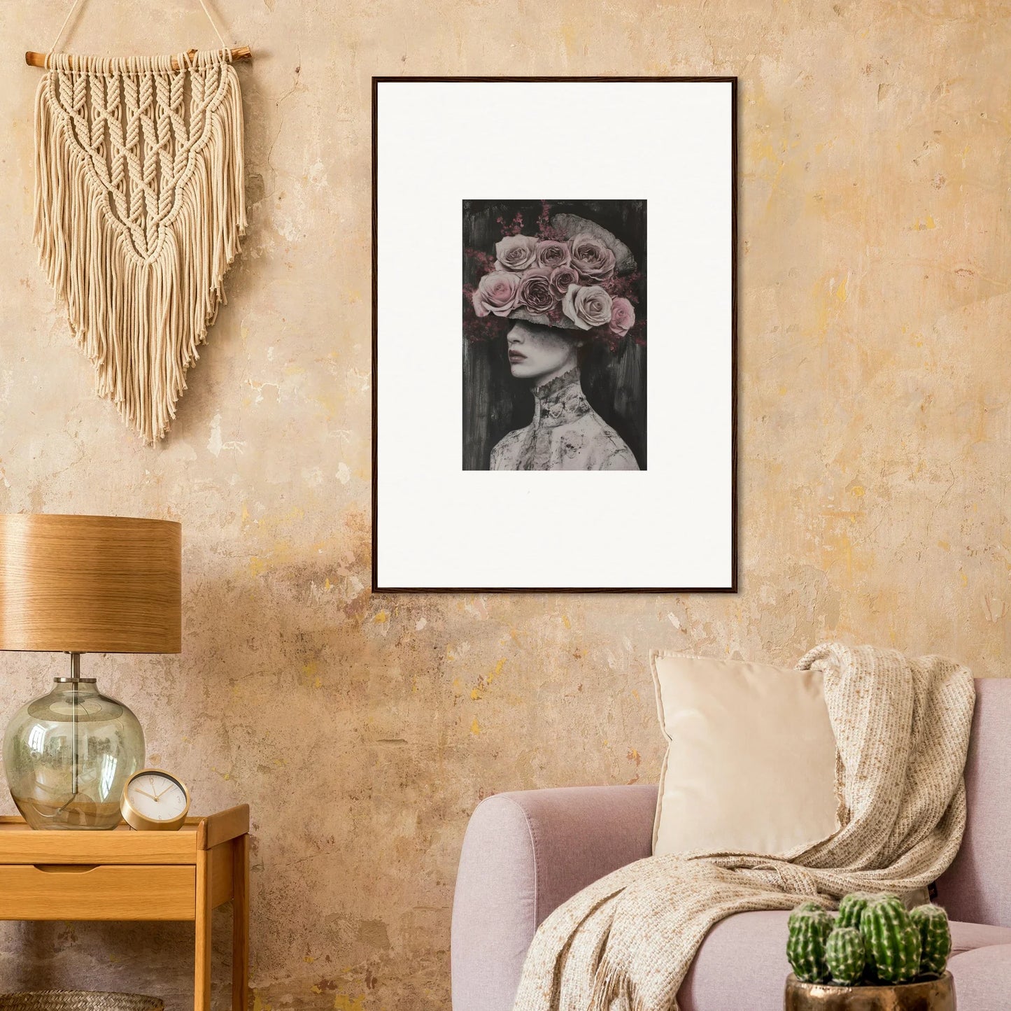 Black and white surreal art of roses as a blindfold in Floral Odyssey Veil framed wall art