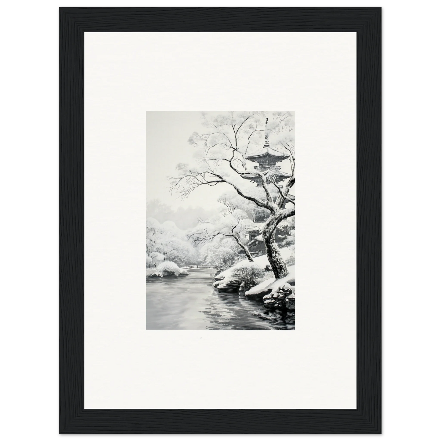 Black-framed Metaphysical Winter Reverie art of snowy trees by water in a serene landscape