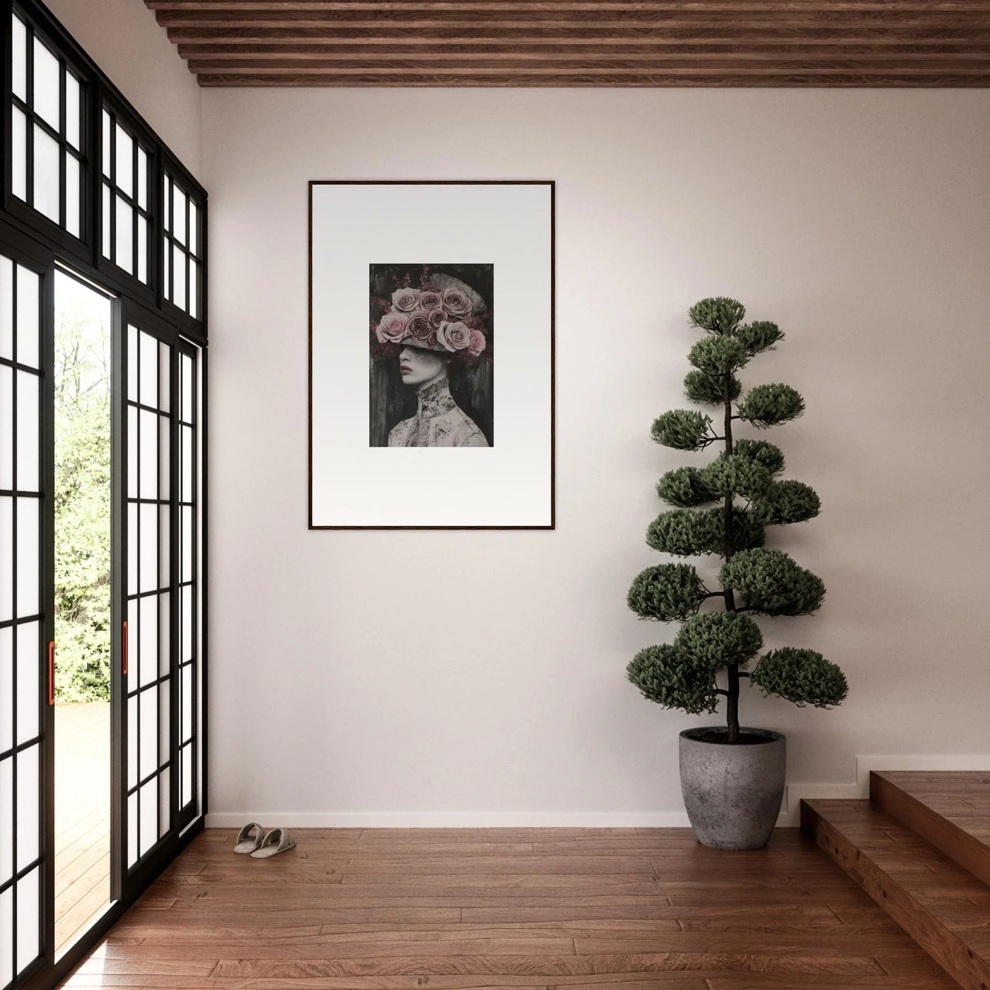 Framed black and white art of Floral Odyssey Veil on a stylish white wall