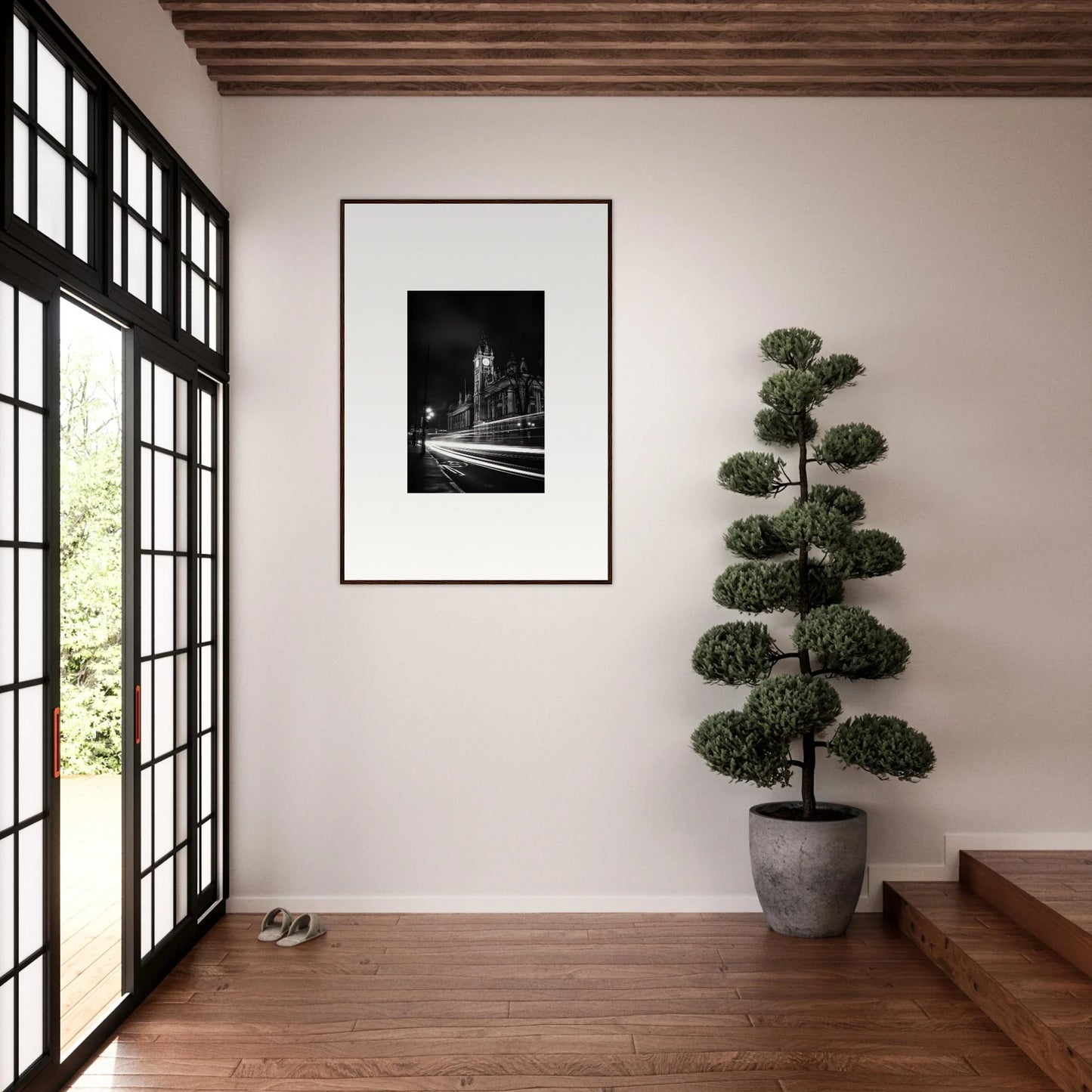 Framed black and white photo on a white wall featuring Temporal Phantasm Glide art