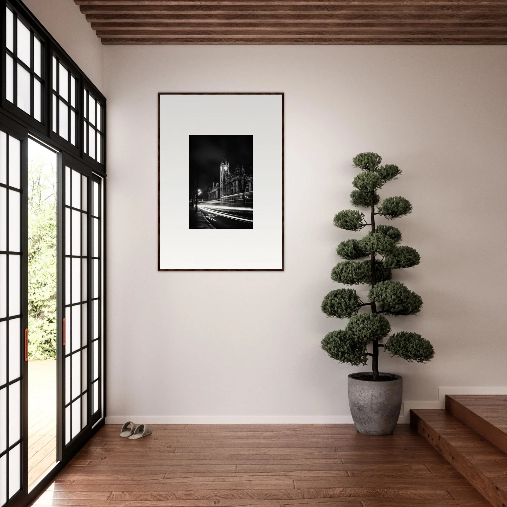 Framed black and white photo on a white wall featuring Temporal Phantasm Glide art