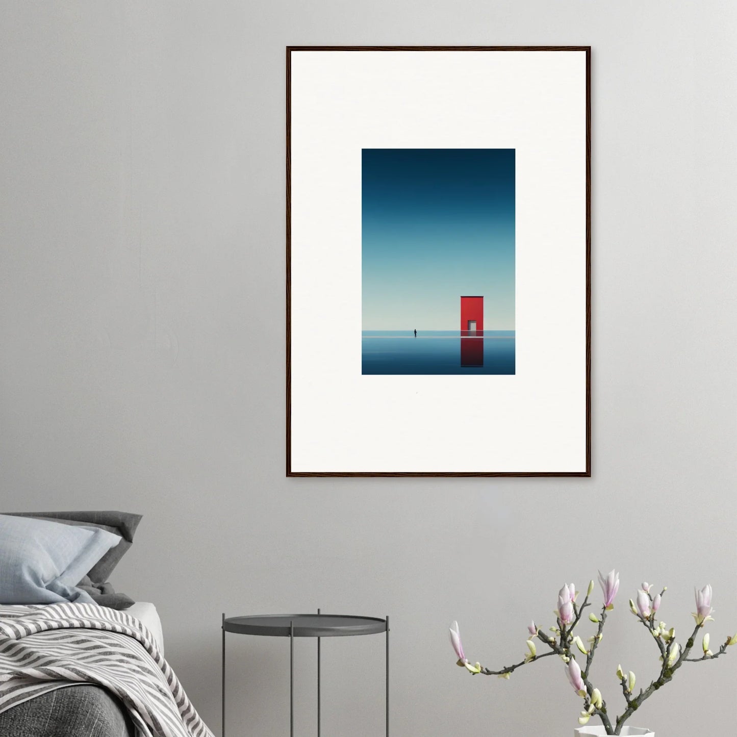 Red phone booth in calm water featured in Open Horizon special edition art™