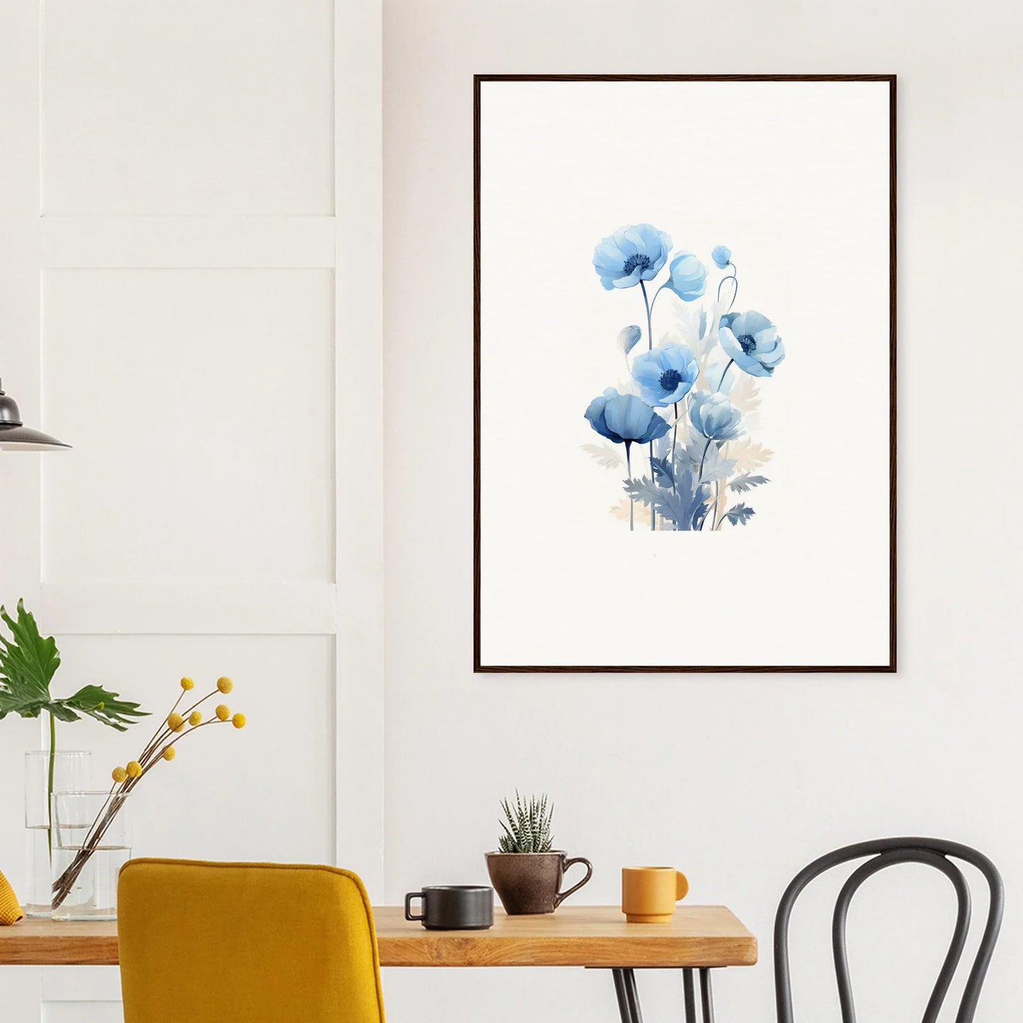 Framed watercolor painting of blue poppies, perfect for room decoration and wall art