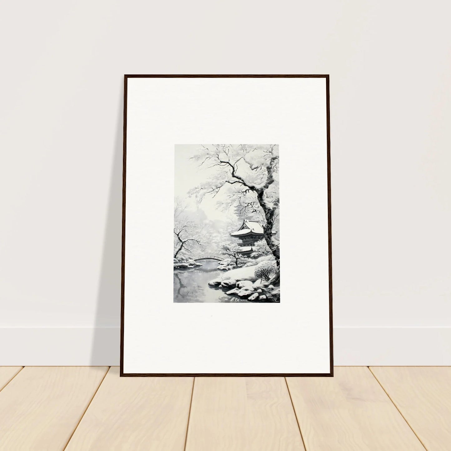 Framed black and white winter landscape artwork from Winter Embrace Whisper collection