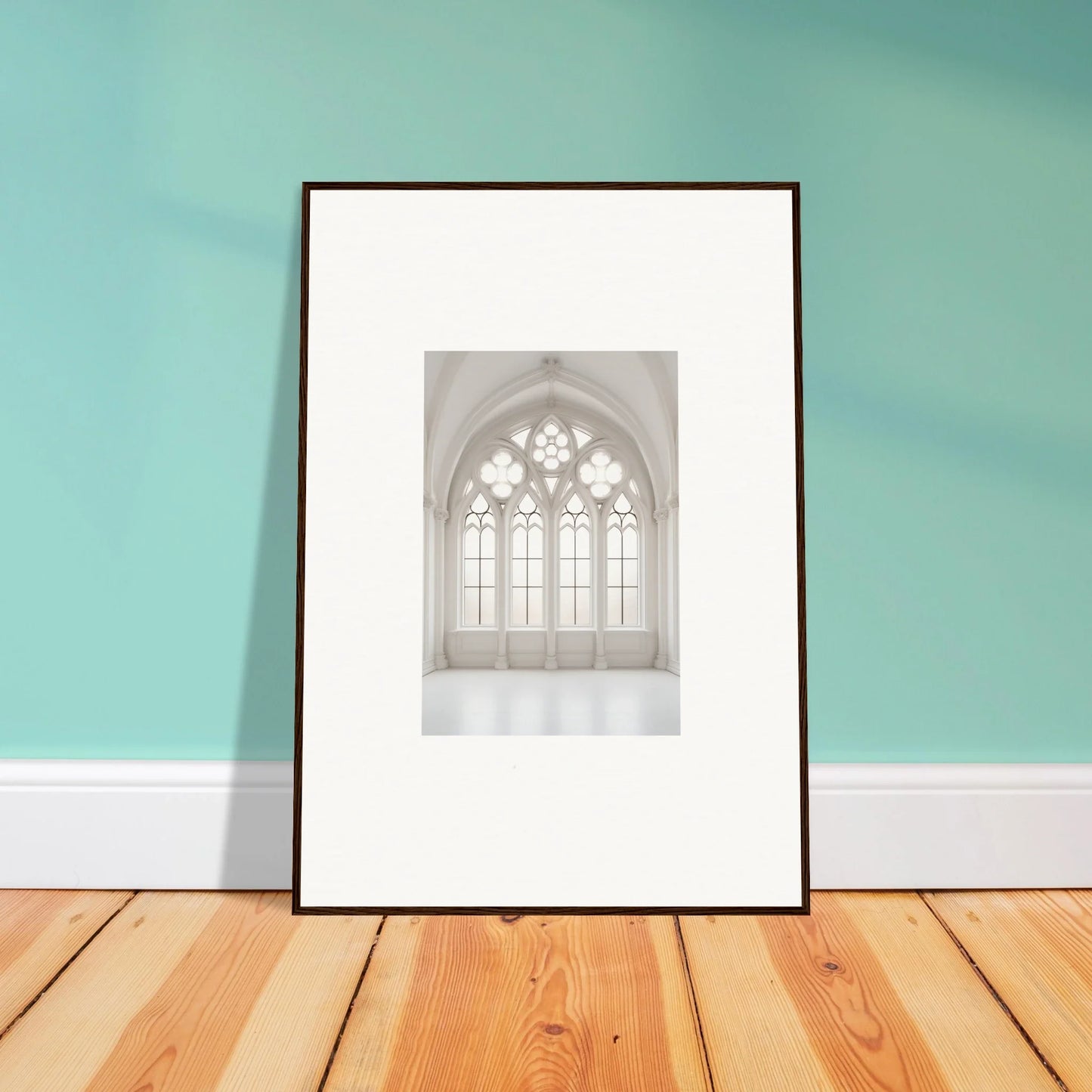 Framed wall art featuring a Gothic church window in the Ethereal Light Elegy design