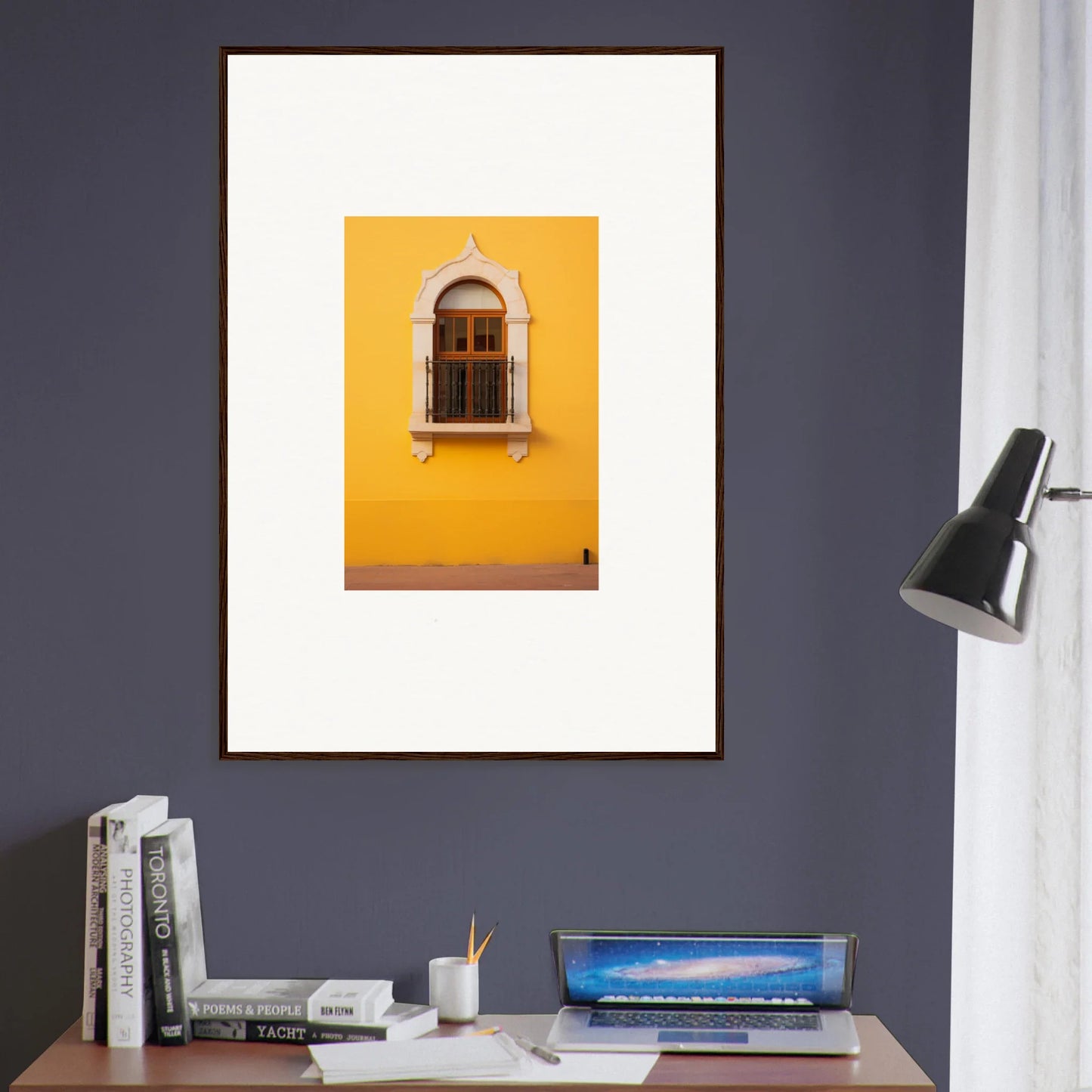 Framed art print of Golden Portal Reverie showcasing an ornate window on a sunny wall