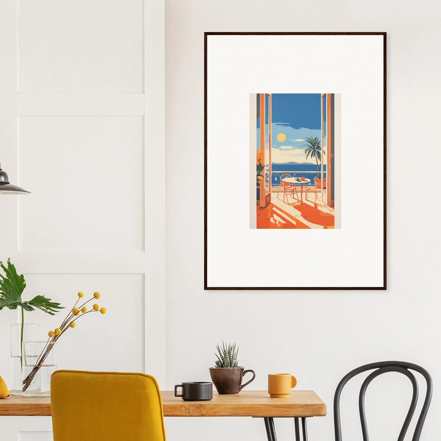 Framed posters of tranquil mirage brunch, showcasing a beach view through an orange window