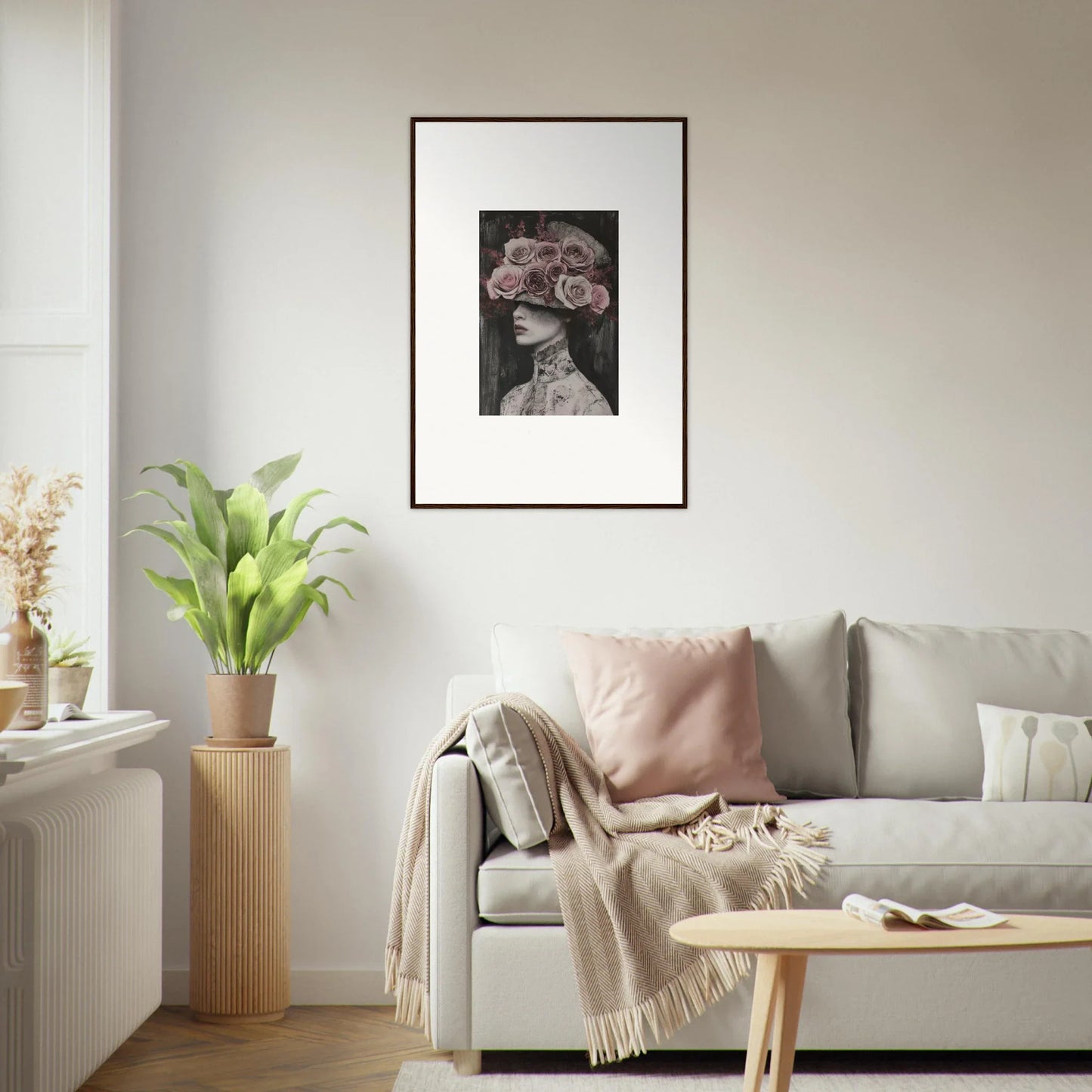 Framed black and white vintage photo of a figure in a floral odyssey veil hat art