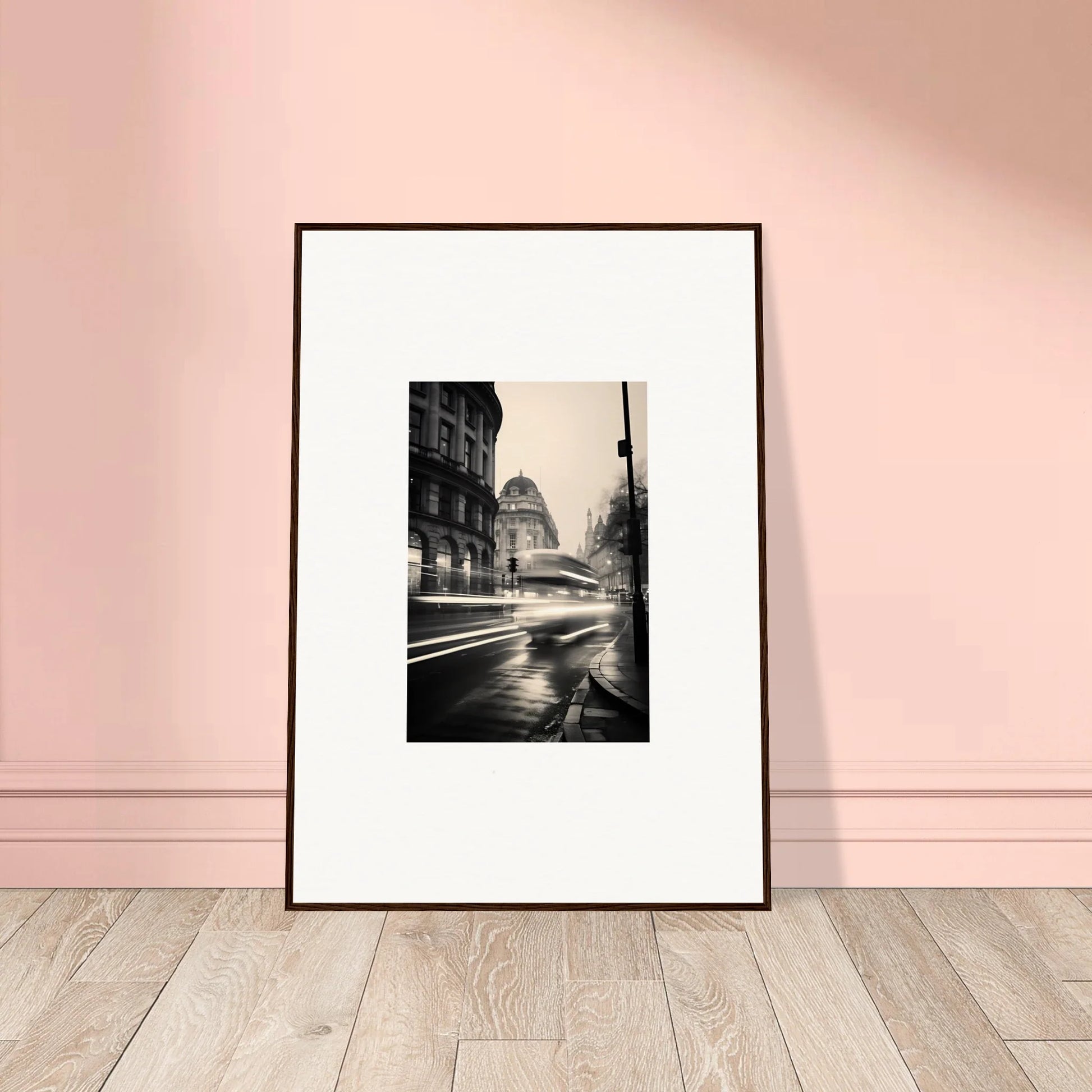 Framed black and white photo of rainy city street in Ethereal Citypulse Reverie art