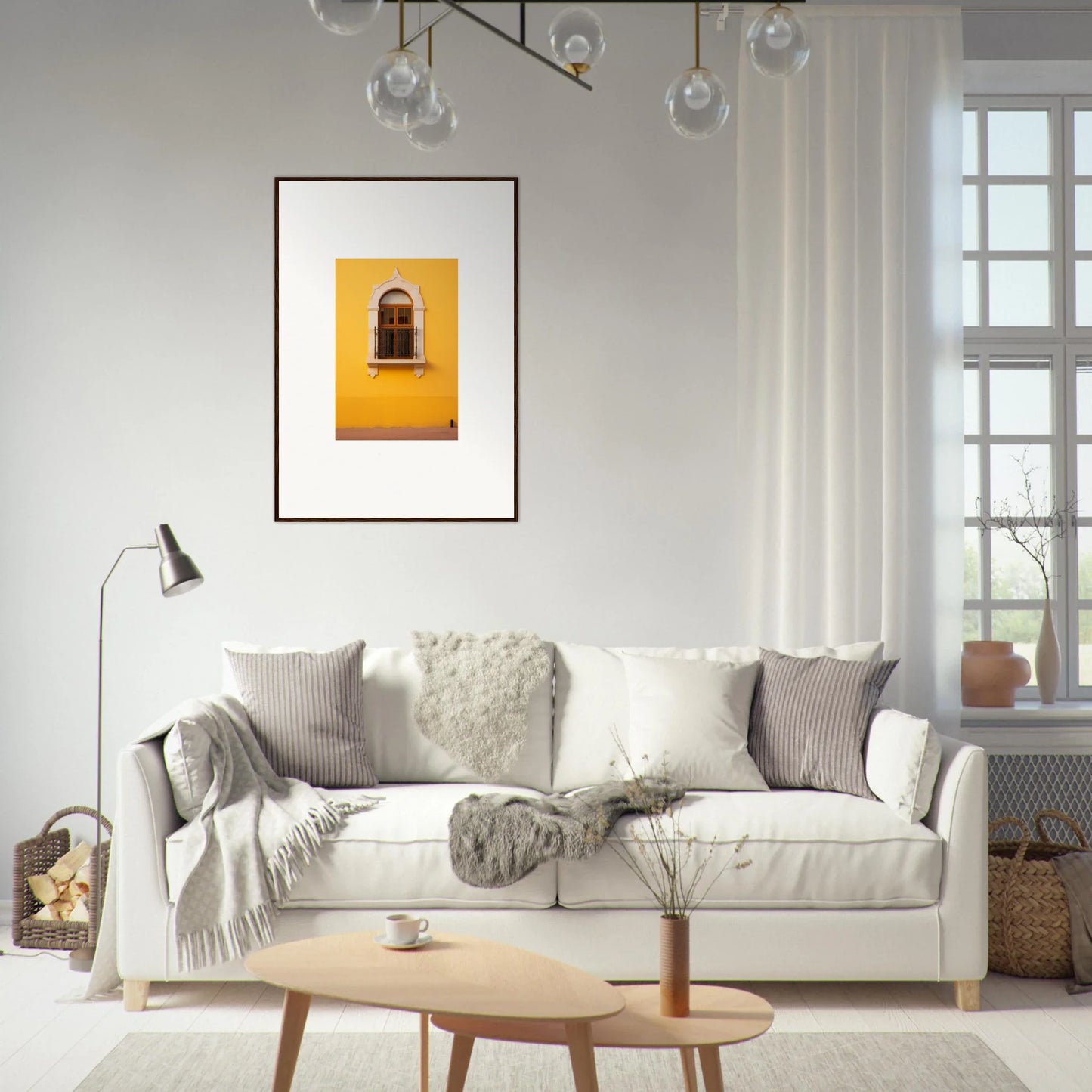 Cozy White Upholstered Sofa with Gray Pillows from Golden Portal Reverie Collection