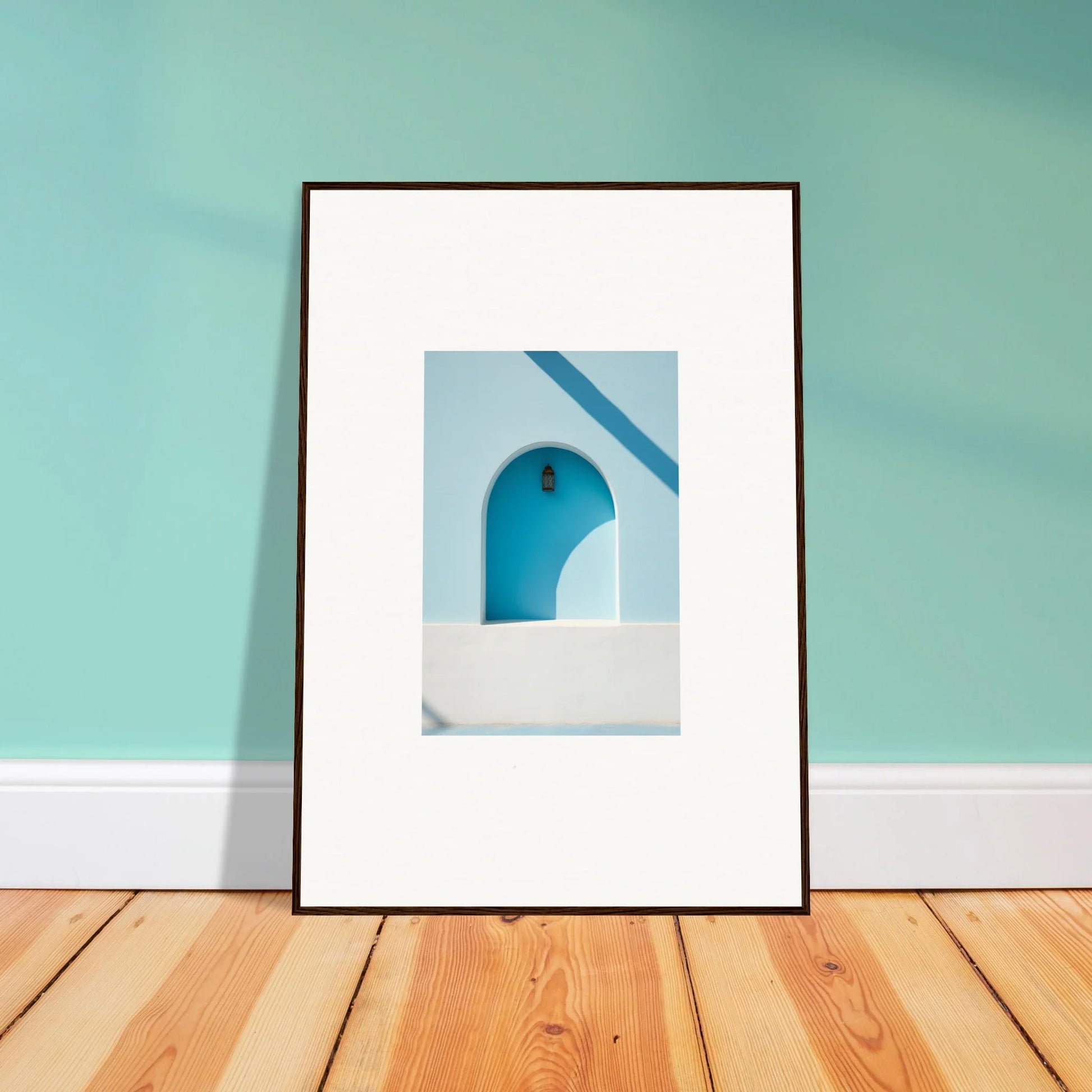 Framed wall art featuring a blue arched doorway in Elusive Solitude Clarity design
