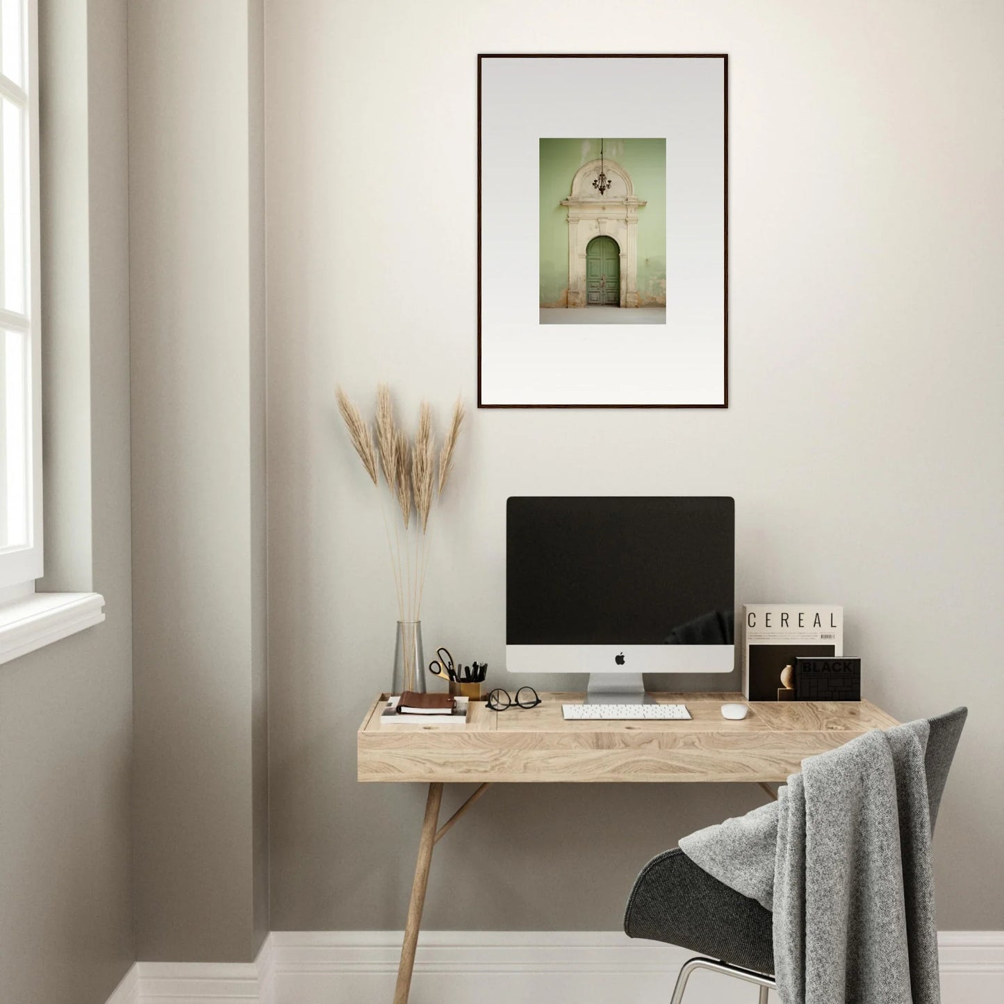 Simple wooden desk with iMac in Thresholds Quiet Whisper special edition art™