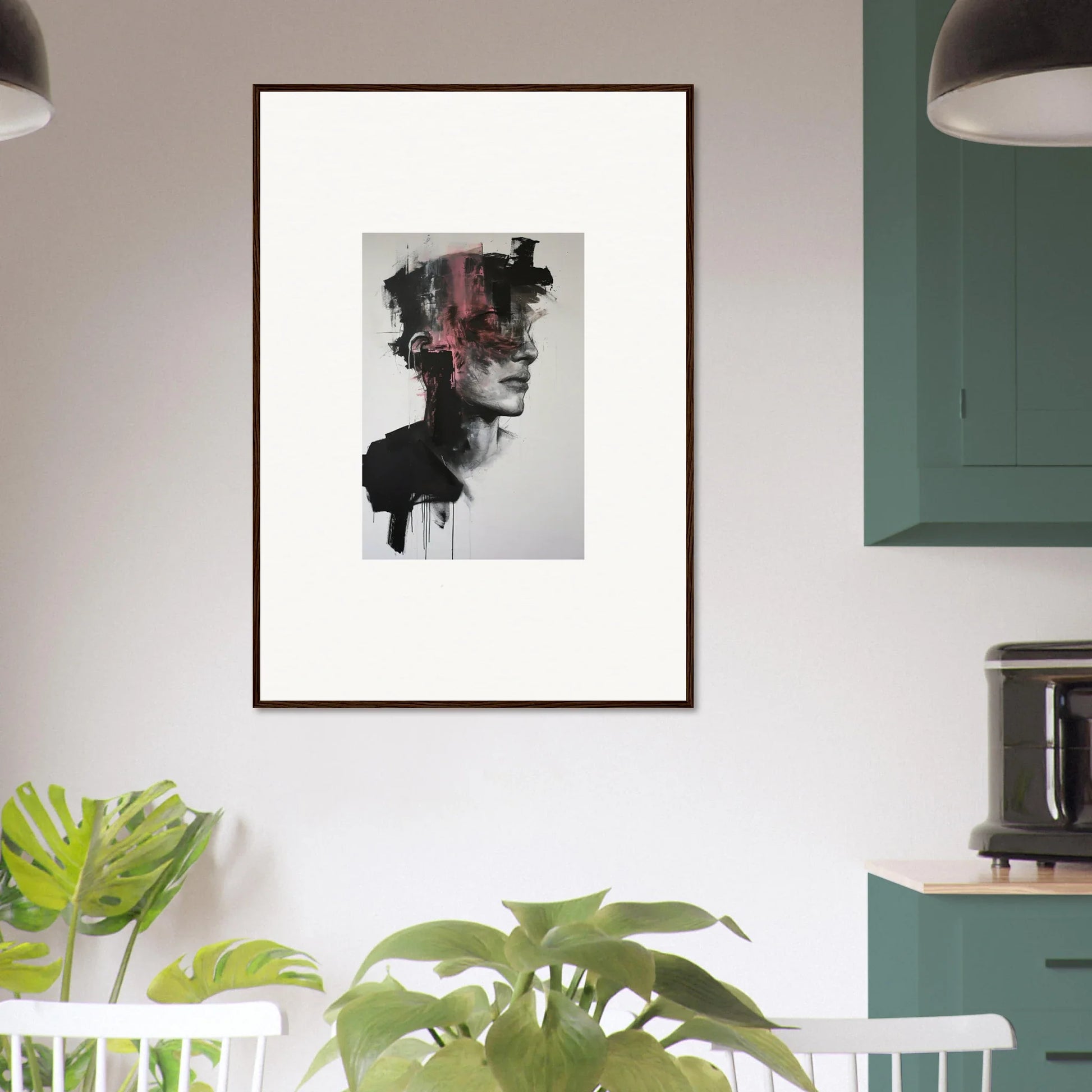 Framed abstract portrait of dark smudges on light, perfect for the Fragmented Psyche Canvas