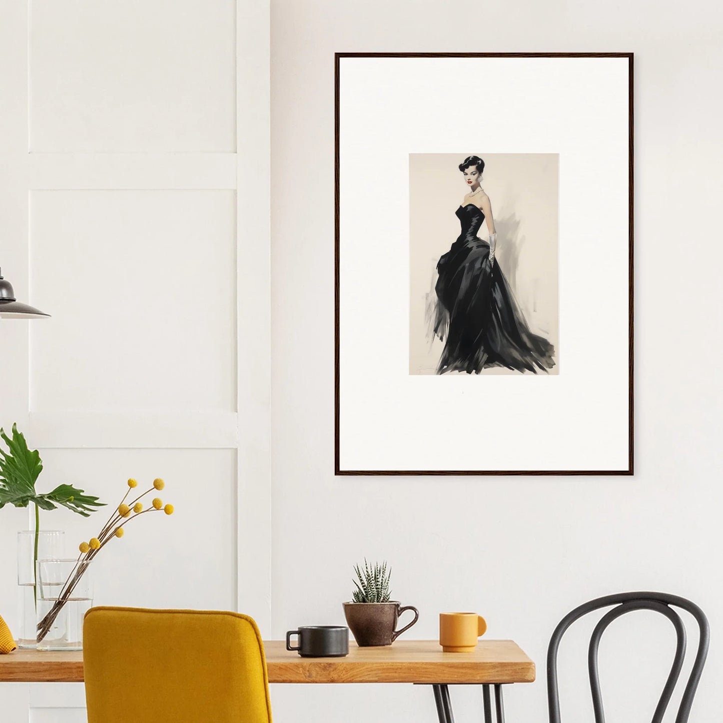 Framed black and white fashion illustration of a stunning gown from Eclipse Embraces Shadows
