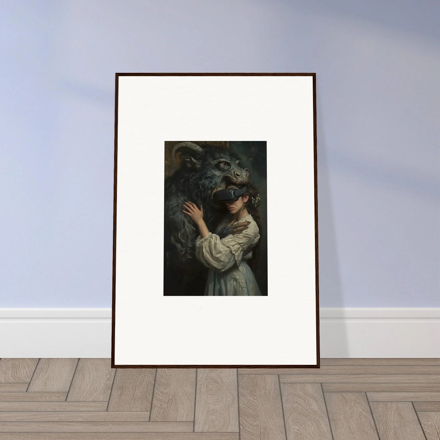 Framed artwork of a figure in a white dress with vapor in the special edition art™ Love, Reality Monster