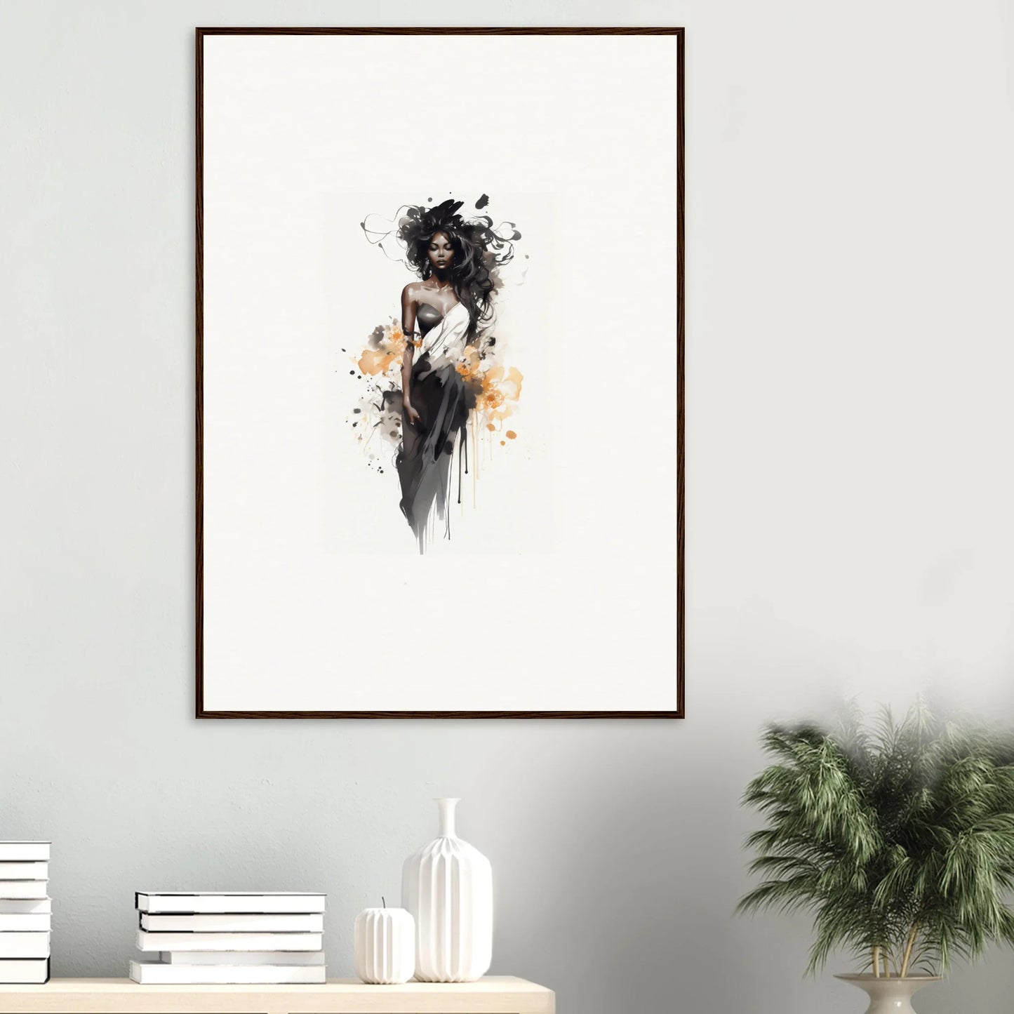 Artistic watercolor illustration of a feminine figure in black and gold for Harlequin Suns Wash