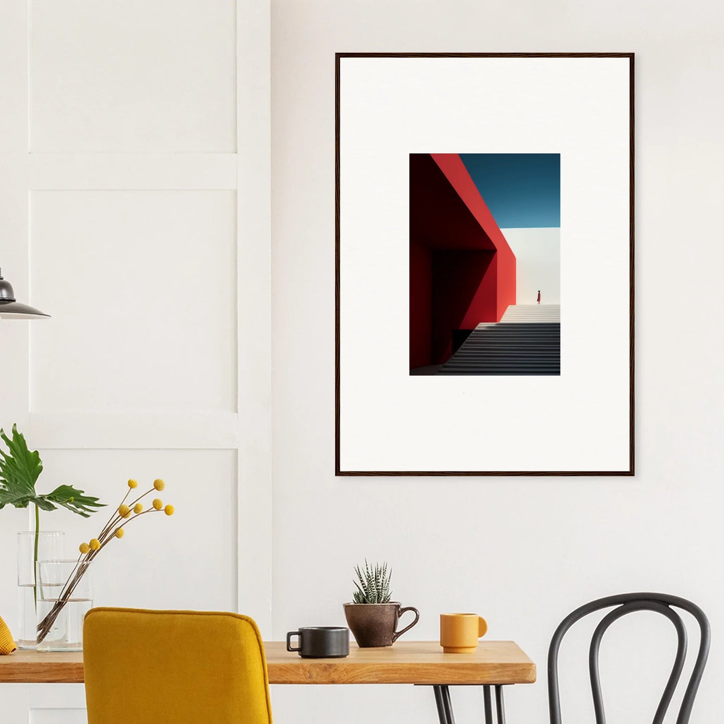 Framed wall art of minimalist architecture with red wall and blue sky for Mesa Quizzes Cascades
