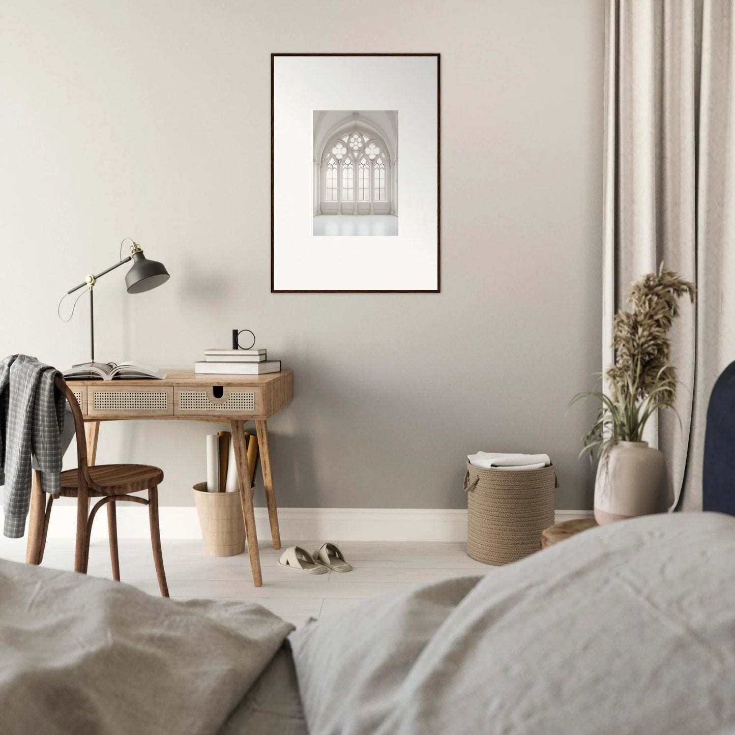 Wooden desk with rattan front and table lamp from Ethereal Light Elegy collection