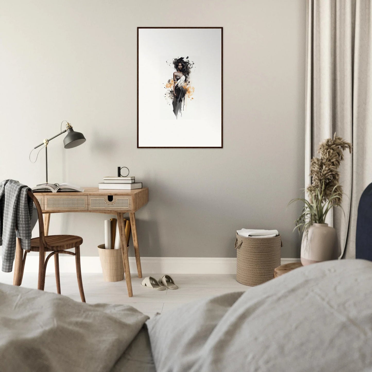 Minimalist bedroom workspace with wooden desk and lamp featuring Harlequin Suns Wash art