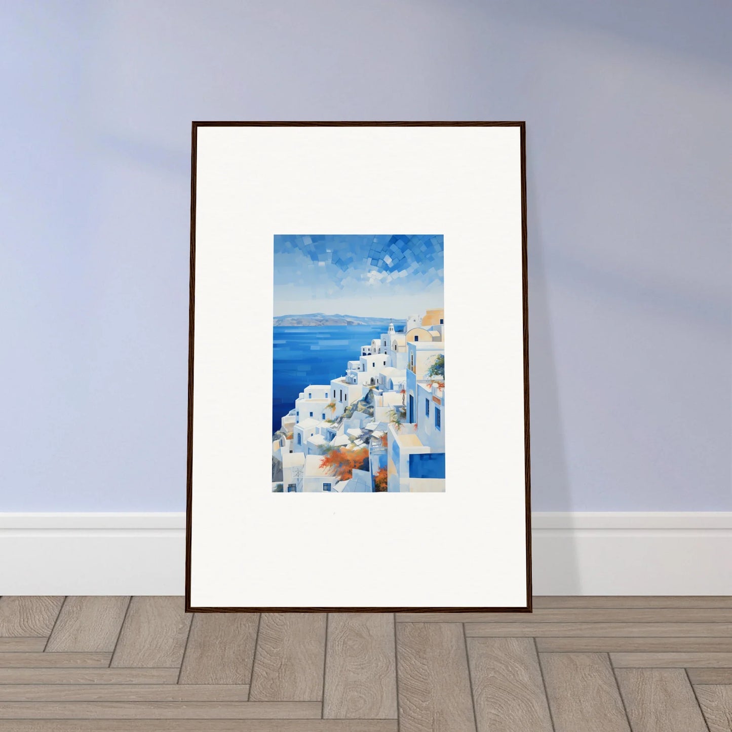Framed wall art of Santorini’s white buildings in Ethereal Azure Echoes style