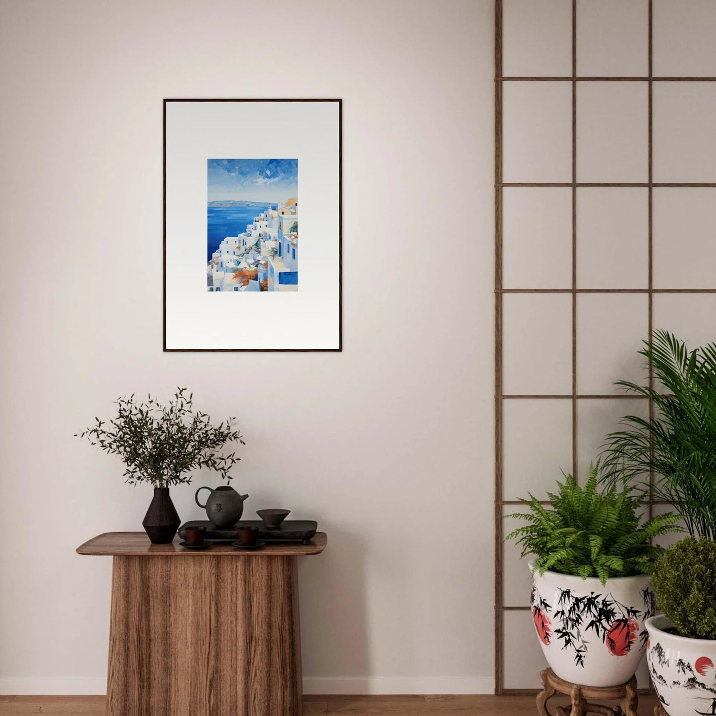 Framed wall art featuring Ethereal Azure Echoes of Santorini’s stunning scenery