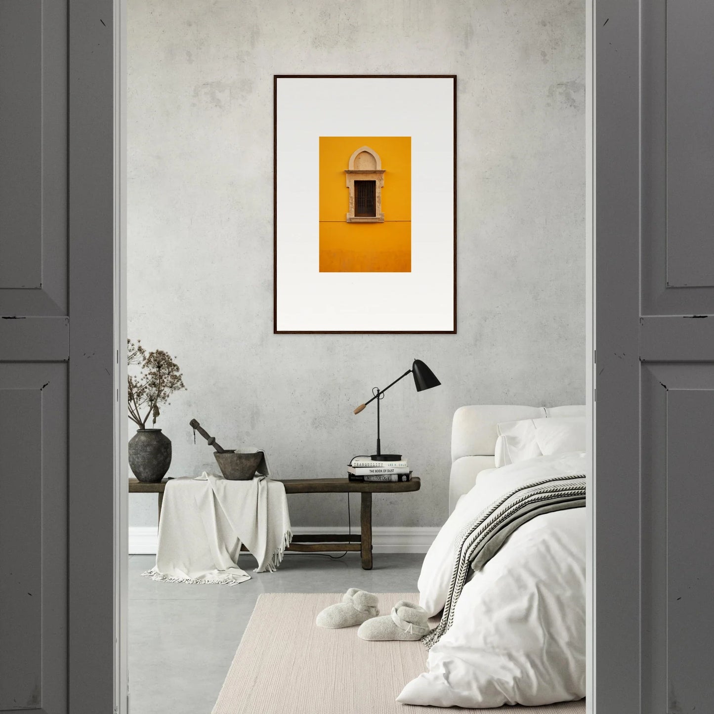 Framed wall art of Golden Correspondence Portal with a window and arch design