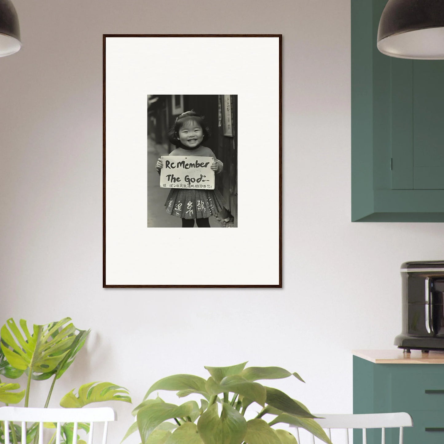 Framed black and white photo with Remember The Girls sign in Sacred Smile Echoes art
