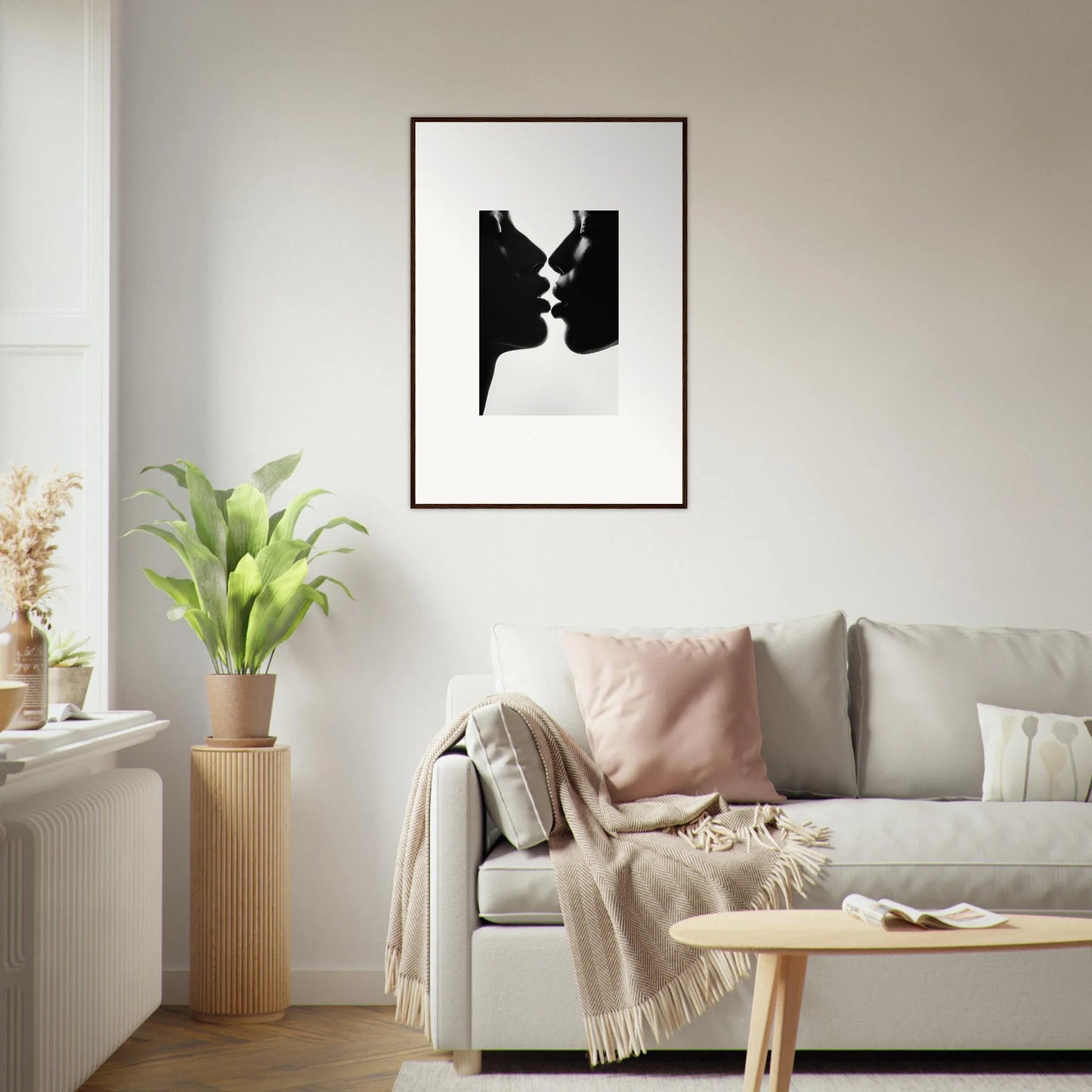 Black and white silhouette of two profiles kissing in Luminous Midnight Kiss framed art