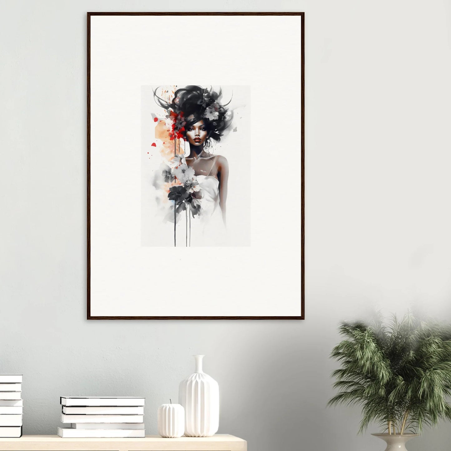 Artistic watercolor portrait with black brushstrokes and red accents from Plume Sultry Reverie
