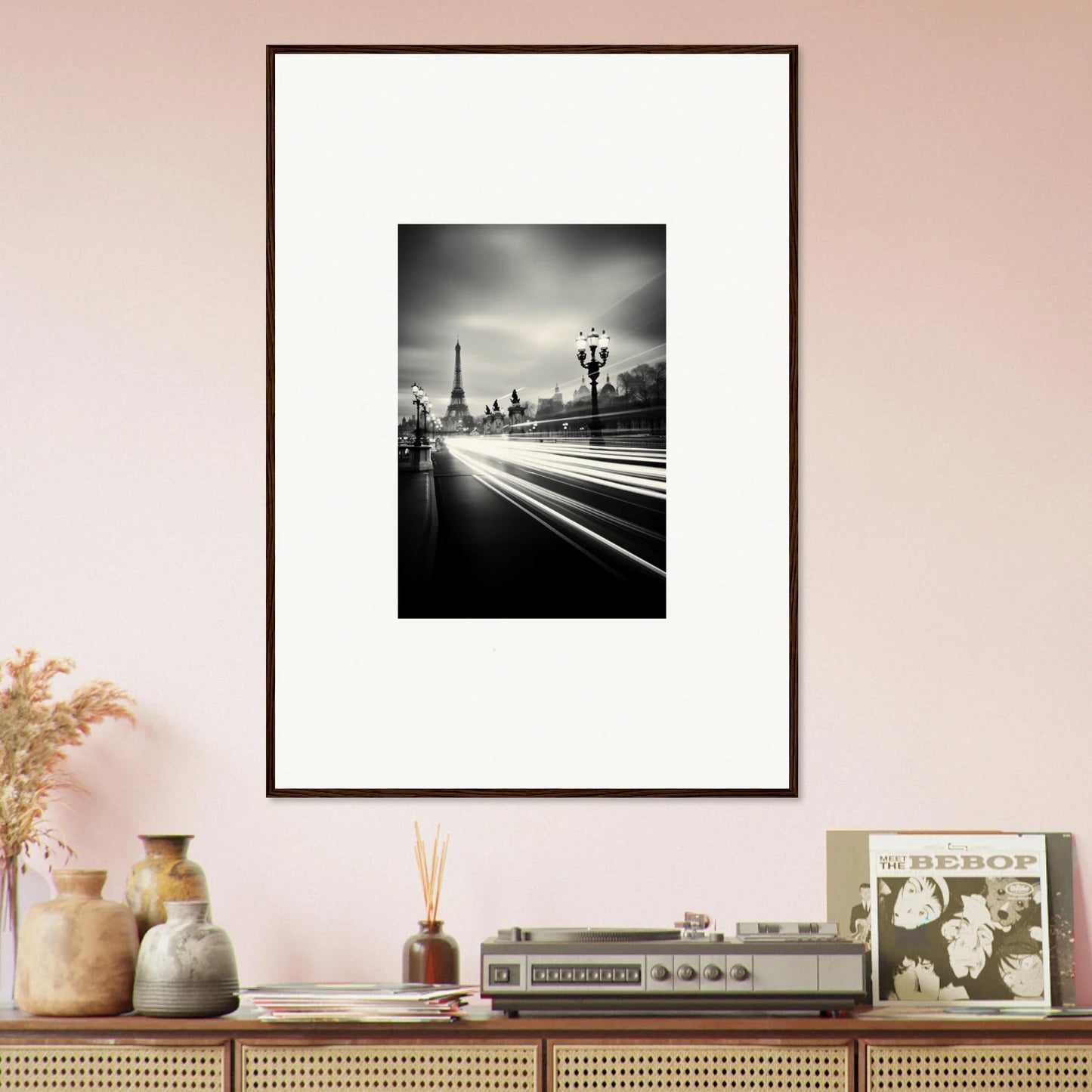 Framed black and white Eiffel Tower photo with light trails, perfect for framed wall art