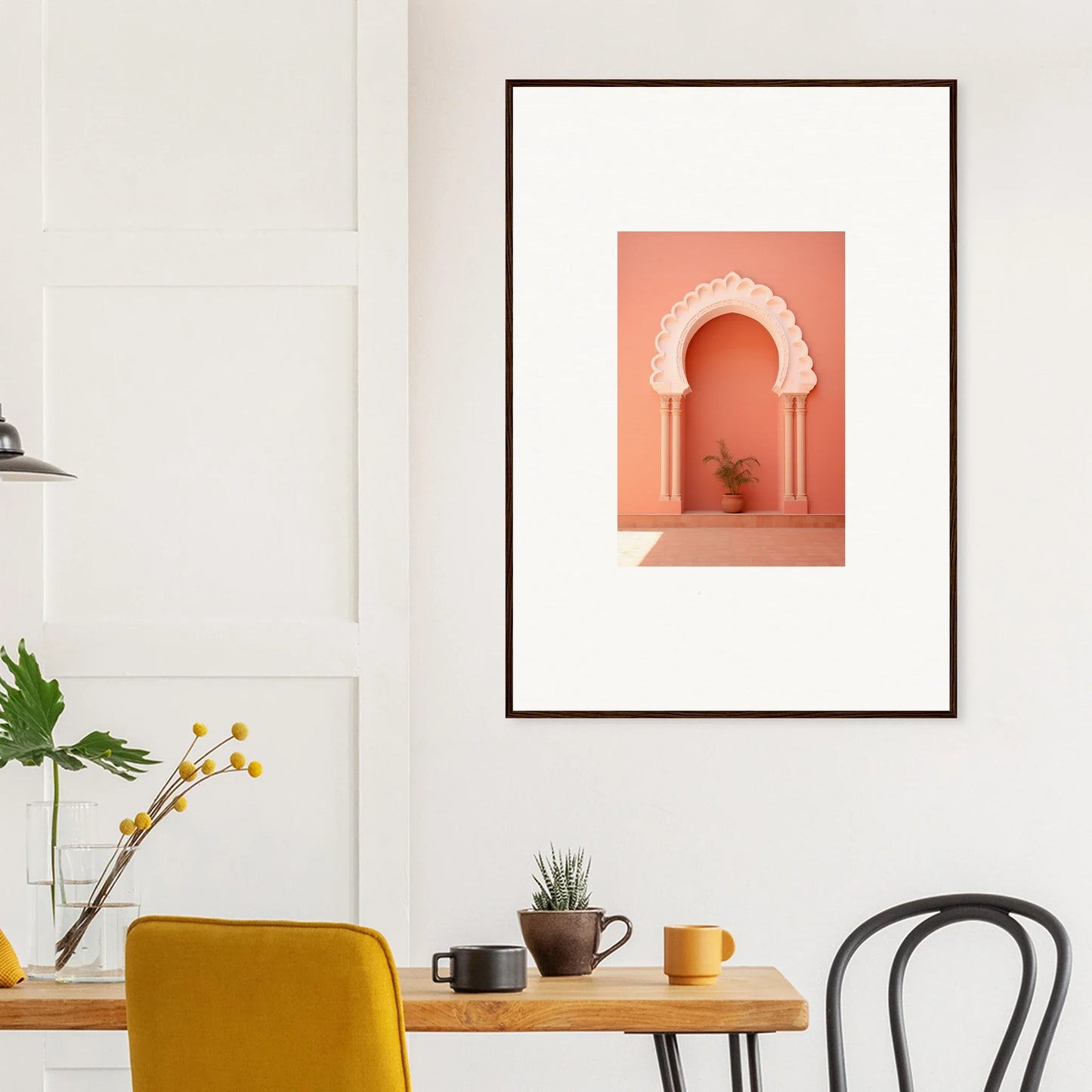 Framed wall art of the Narco Échappatoire Portal with coral archway and potted plant