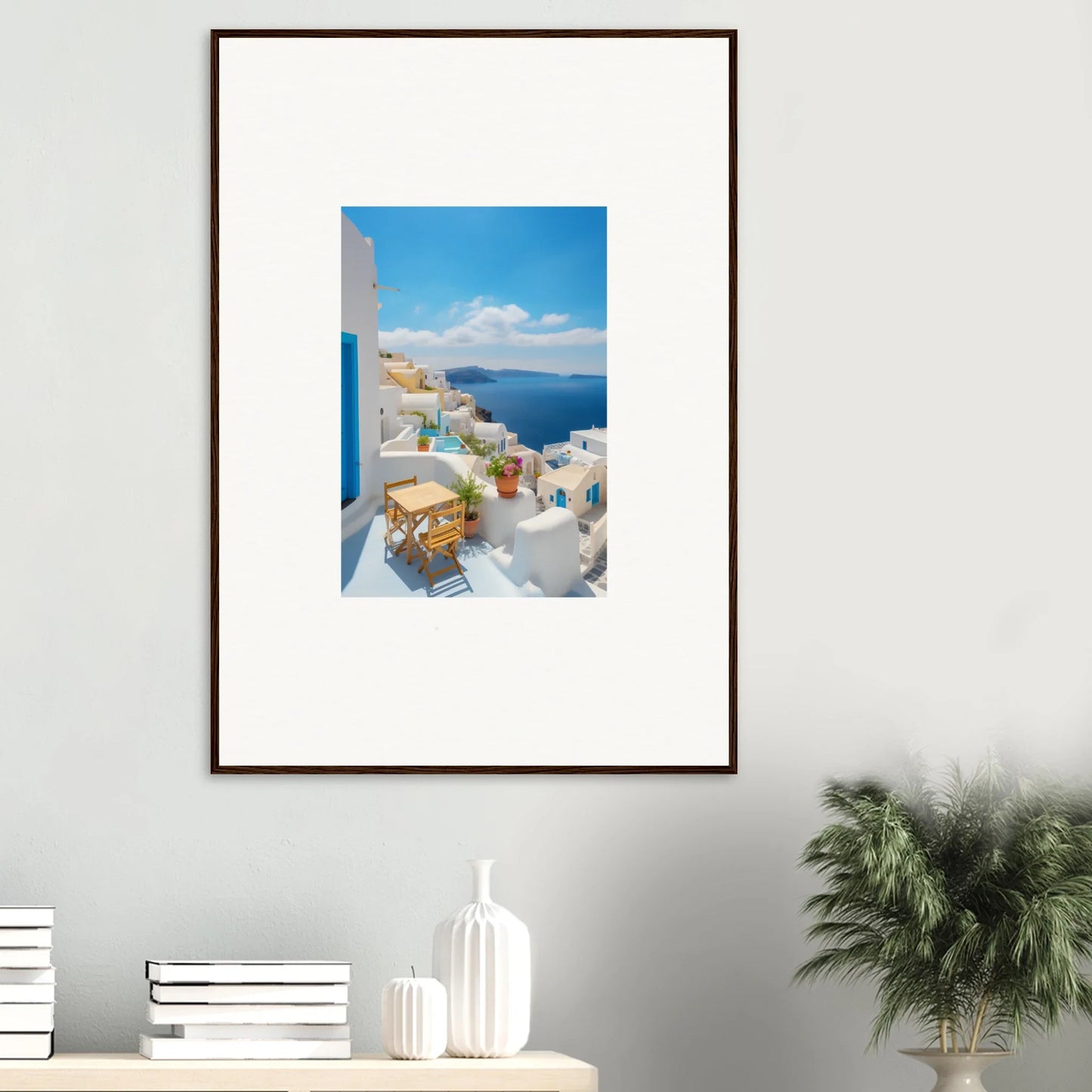 Framed poster of Santorini’s white buildings and blue sea for a Dream-Touched Odyssey