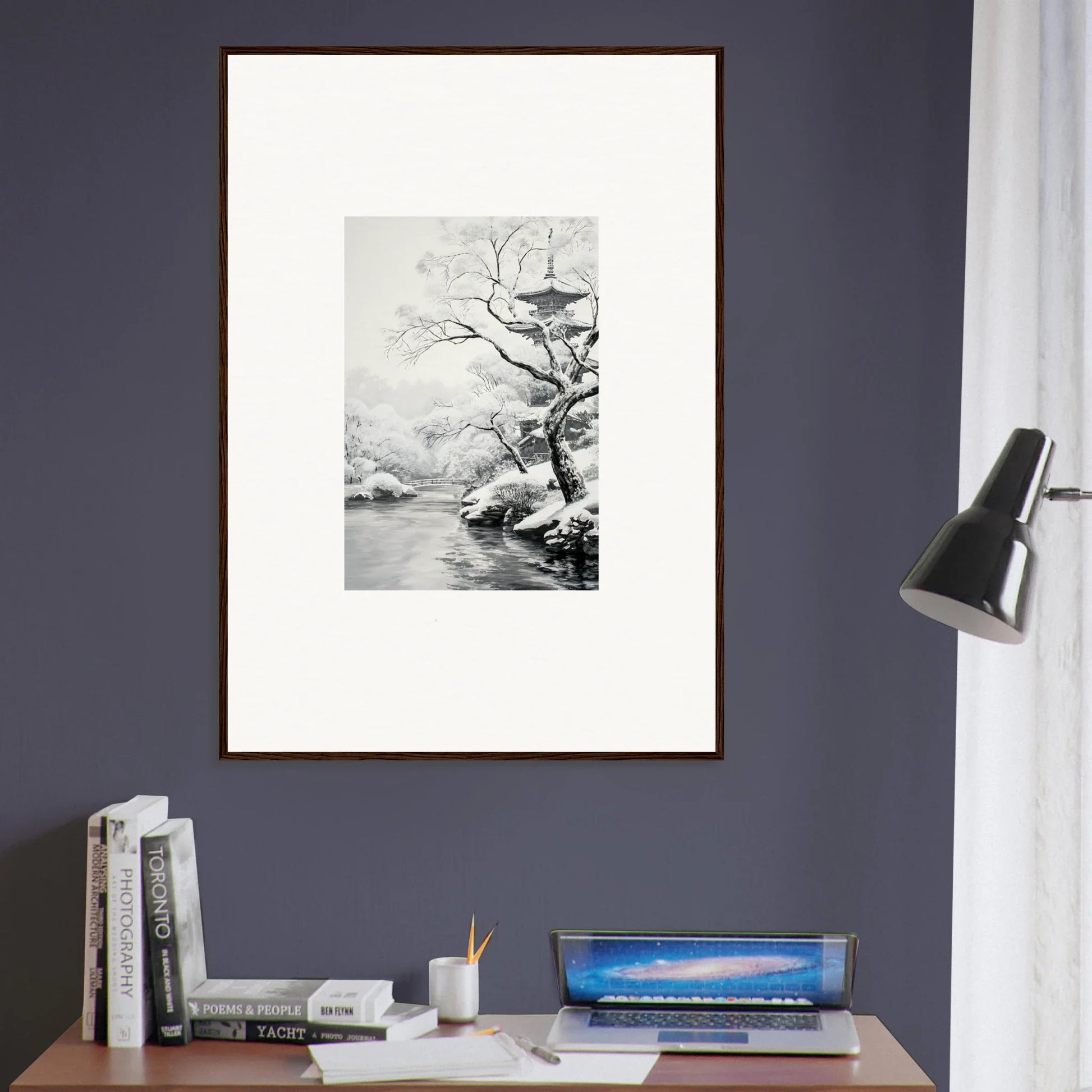 Framed black and white art of a winter tree by a snowy riverbank for Metaphysical Winter Reverie