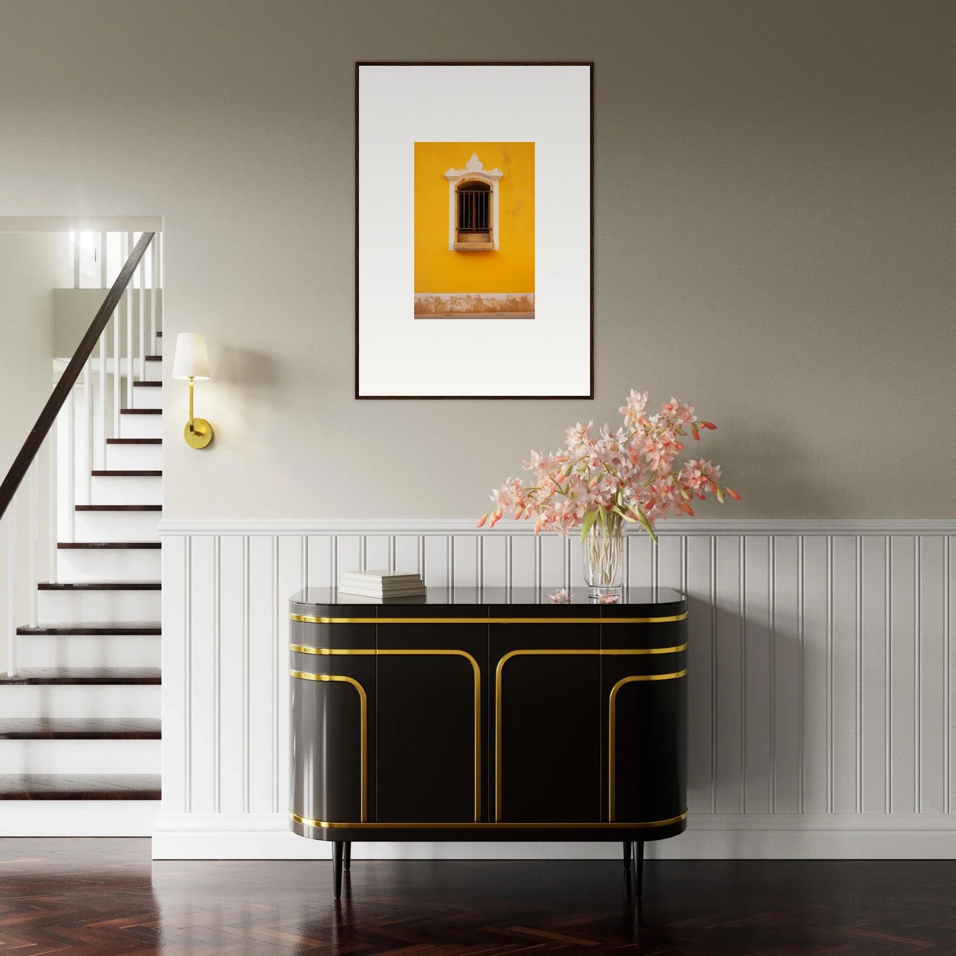 Art deco black credenza with gold trim from the Daisy Dreamgate Portal collection