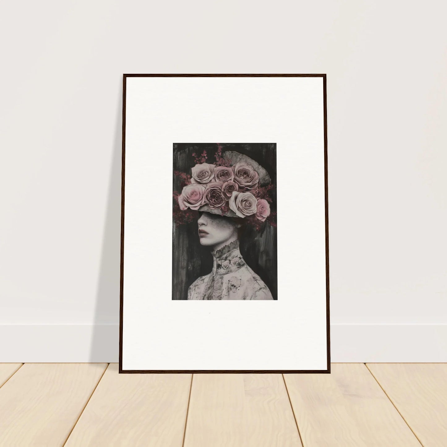Framed wall art of a crowned figure in pink roses for Floral Odyssey Veil special edition