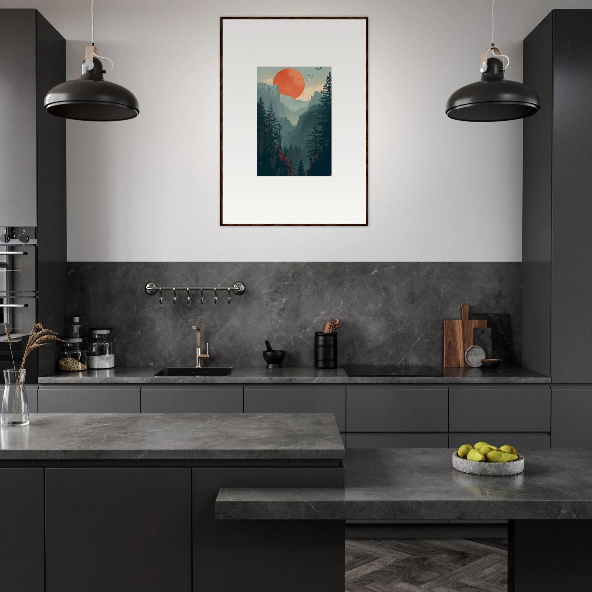 Modern kitchen with dark gray cabinetry, perfect for room decoration or wall art