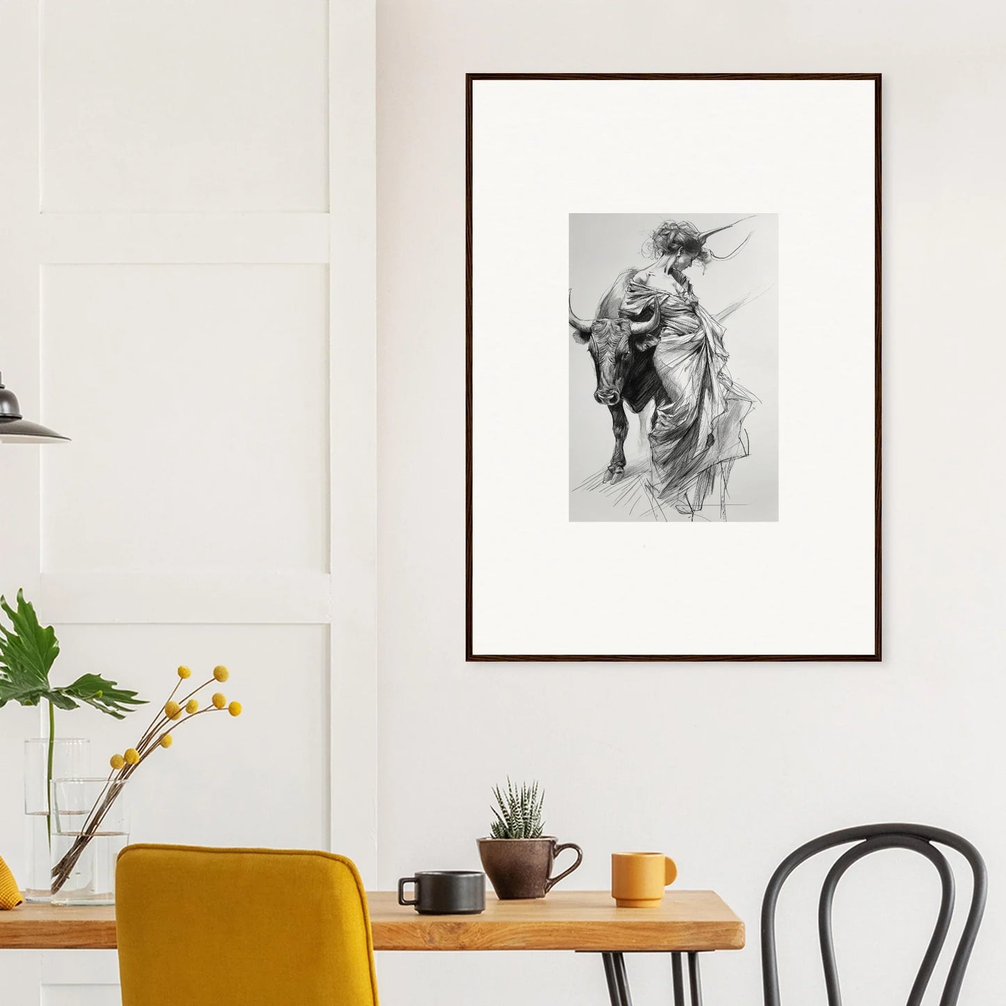 Framed black and white sketch of Dancing Flamenco with a Bull for your premium wall art
