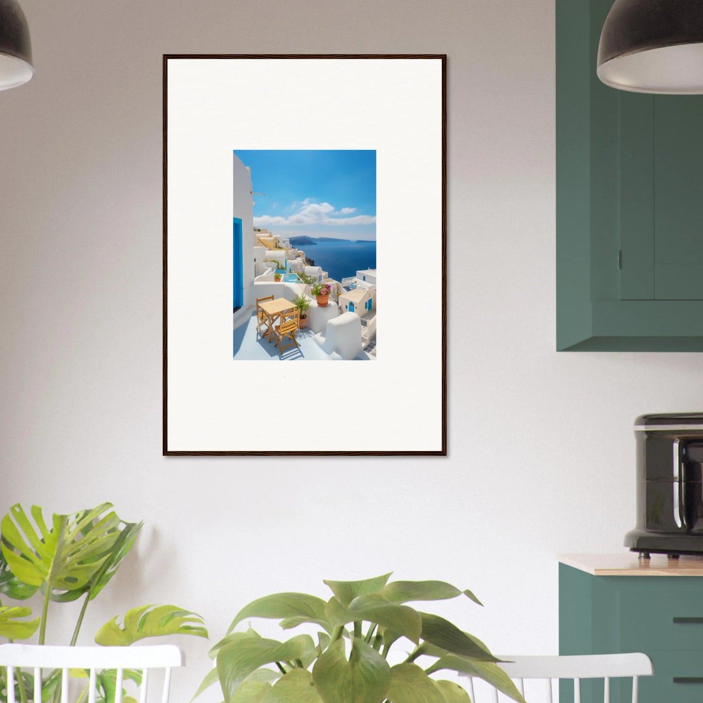 Framed poster of Santorini in Dream-Touched Odyssey capturing sunny white buildings and blue sea