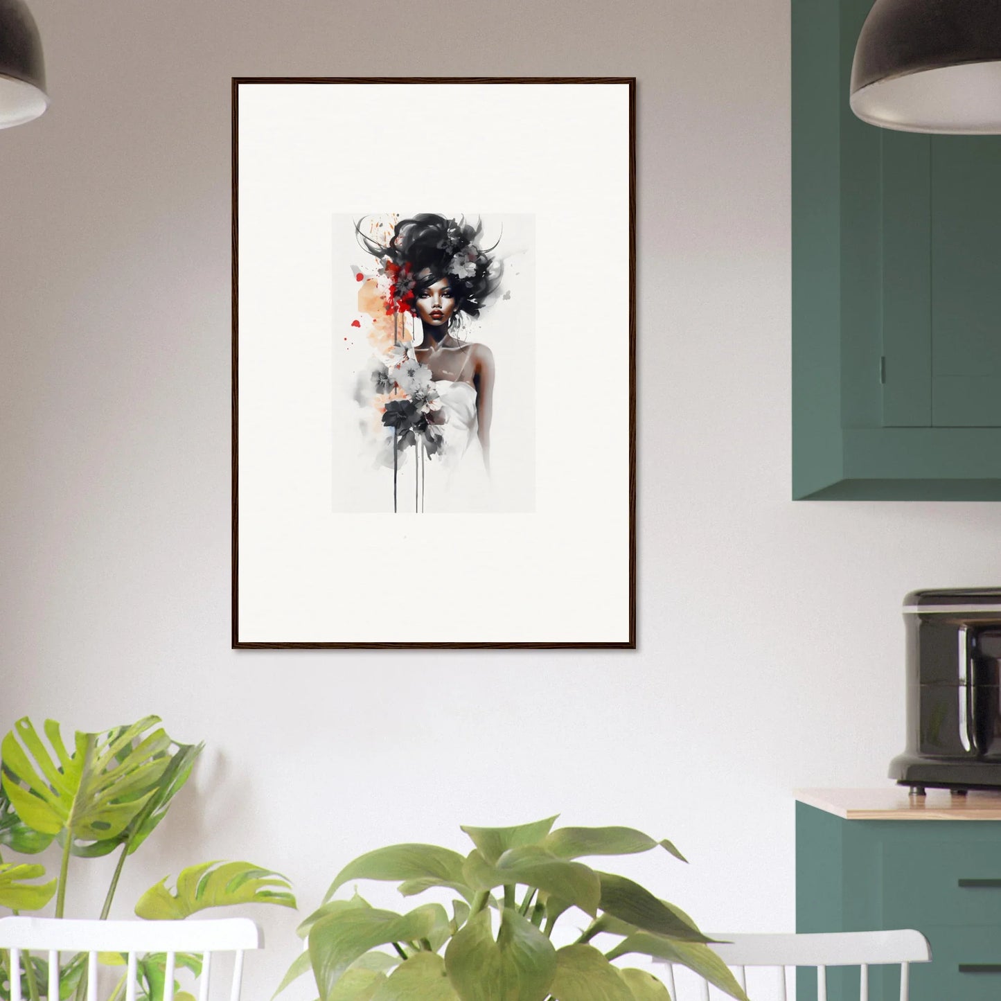 Abstract watercolor art of a figure in flowing black ink and peach tones, Plume Sultry Reverie